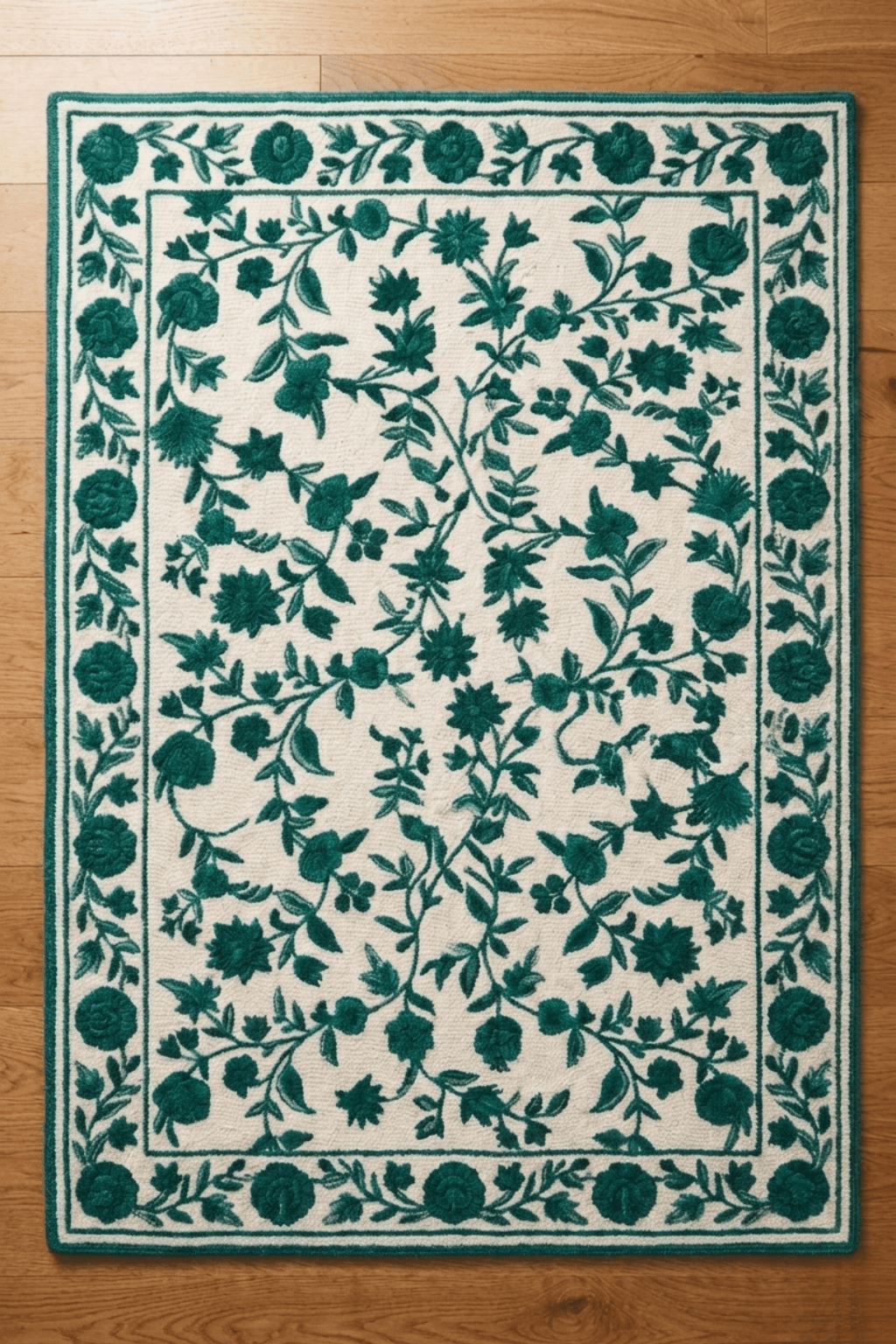 Emerald vine hand-tufted rug featuring green botanical motifs on an ivory backdrop.