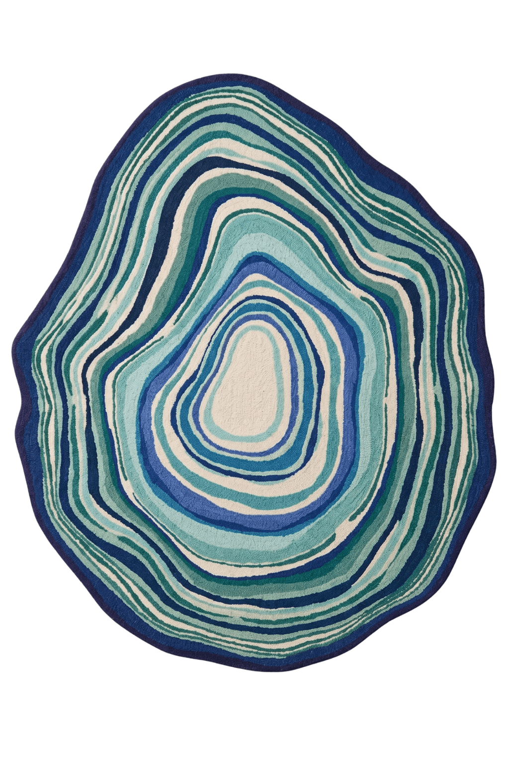 Azure stratum rug featuring mesmerizing blue agate-inspired patterns and an irregular silhouette.