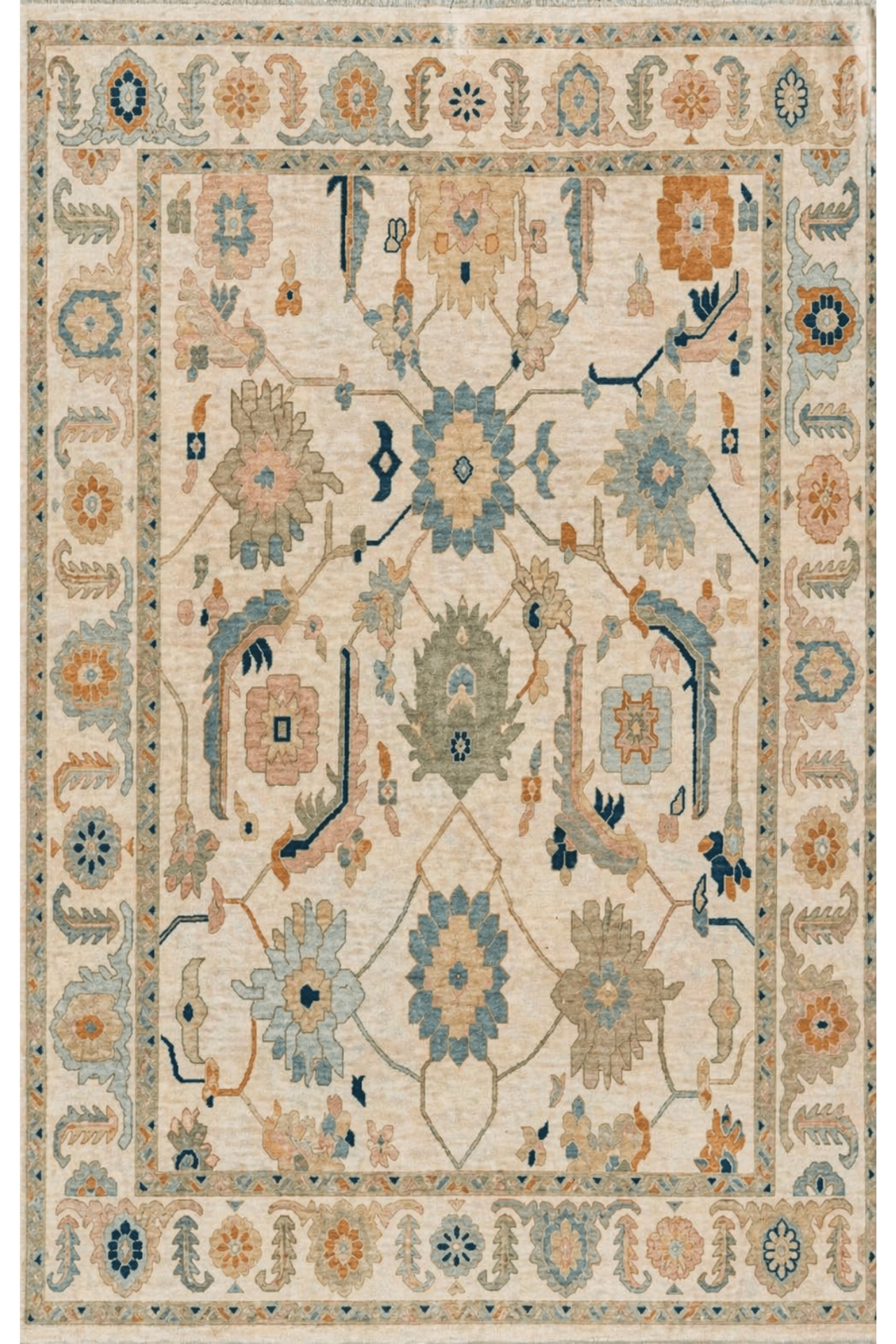 Ivory Bloom Oushak rug featuring intricate floral designs in soft ivory, powder blue, sage green, and warm terracotta.