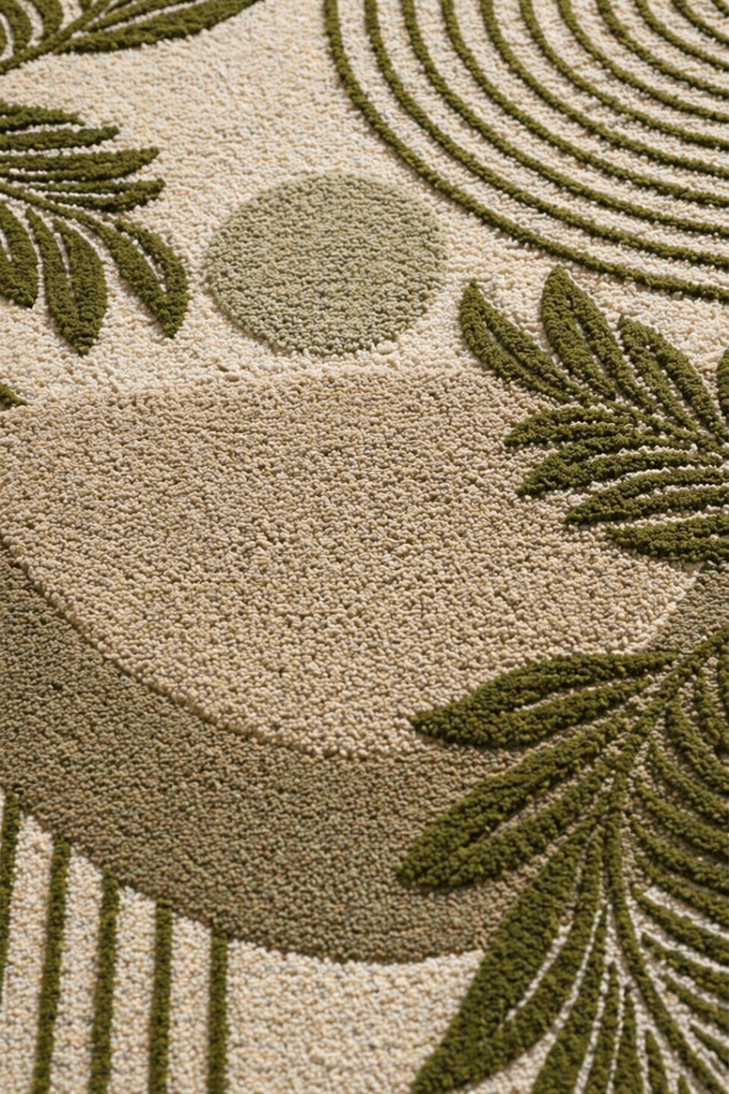 Close-up of a botanical floral area rug featuring palm motifs and modern geometric patterns.