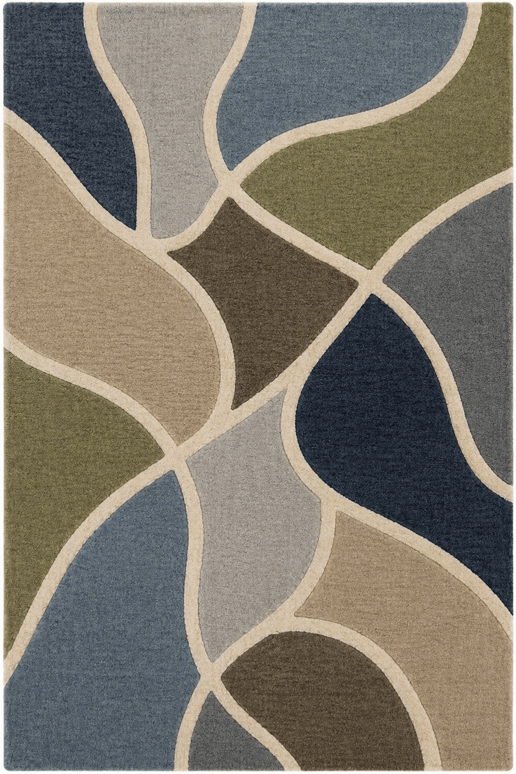 Organic geometry hand tufted rug featuring ivory lines and a rich color palette of navy, slate blue, olive green, taupe, and beige.