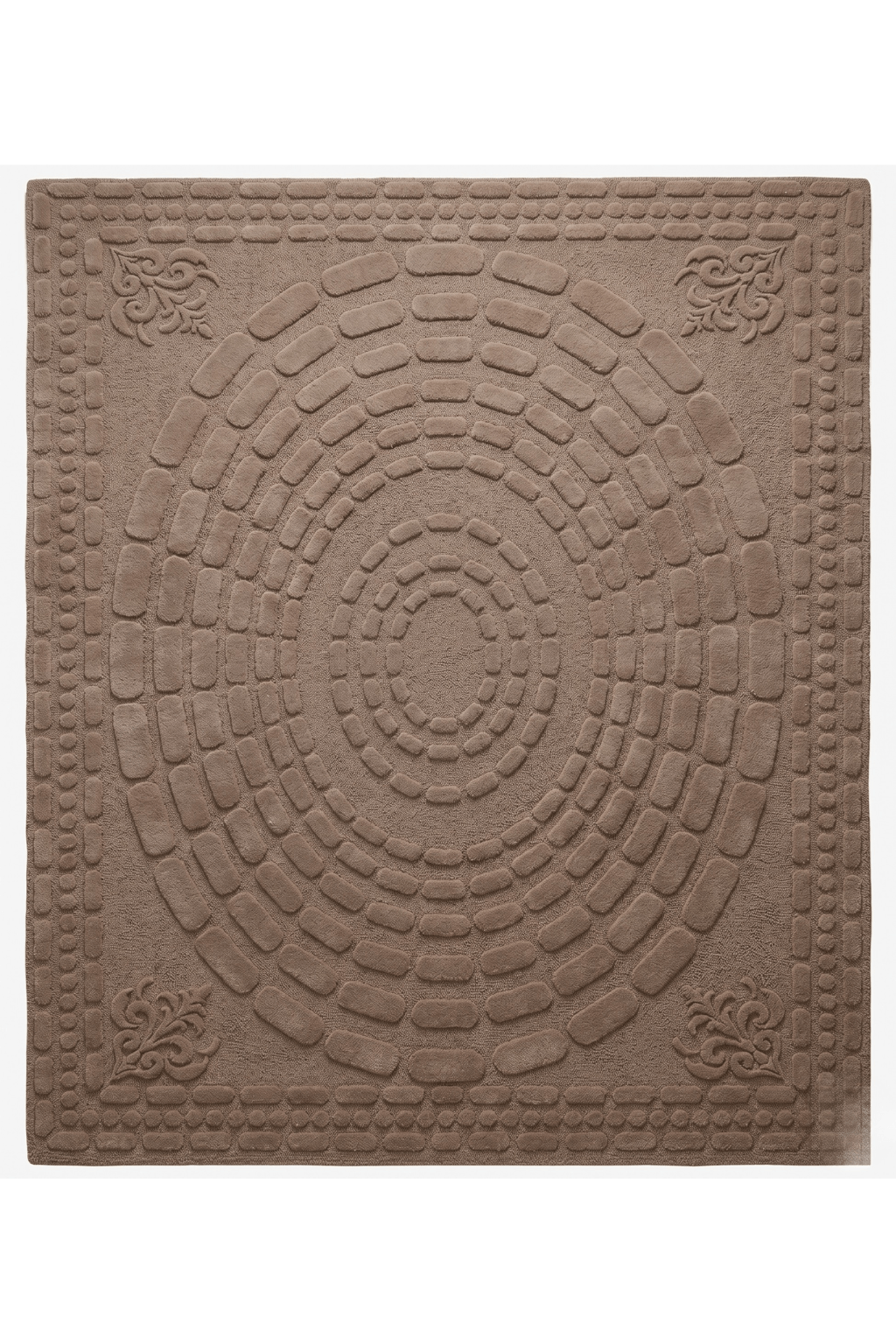 Concentric earth sculpted rug showcasing intricate texture and rich mocha-taupe tone with a high-low pile construction.