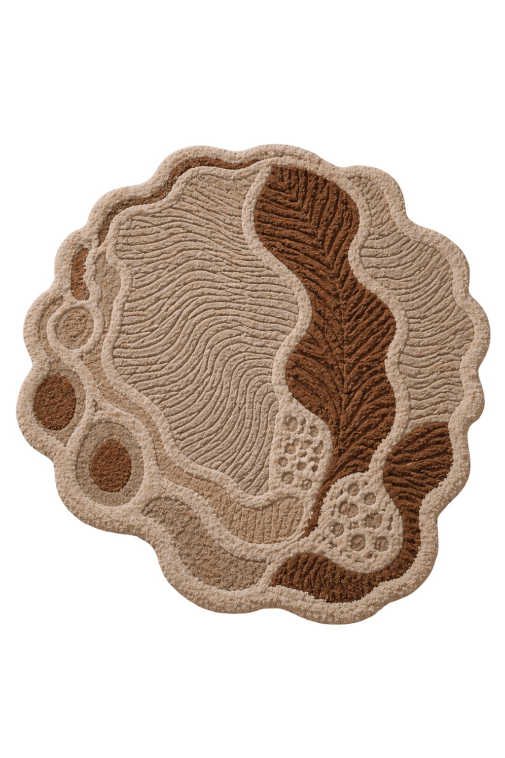 earthen contour rug featuring a unique organic shape with neutral and earthy brown tones.