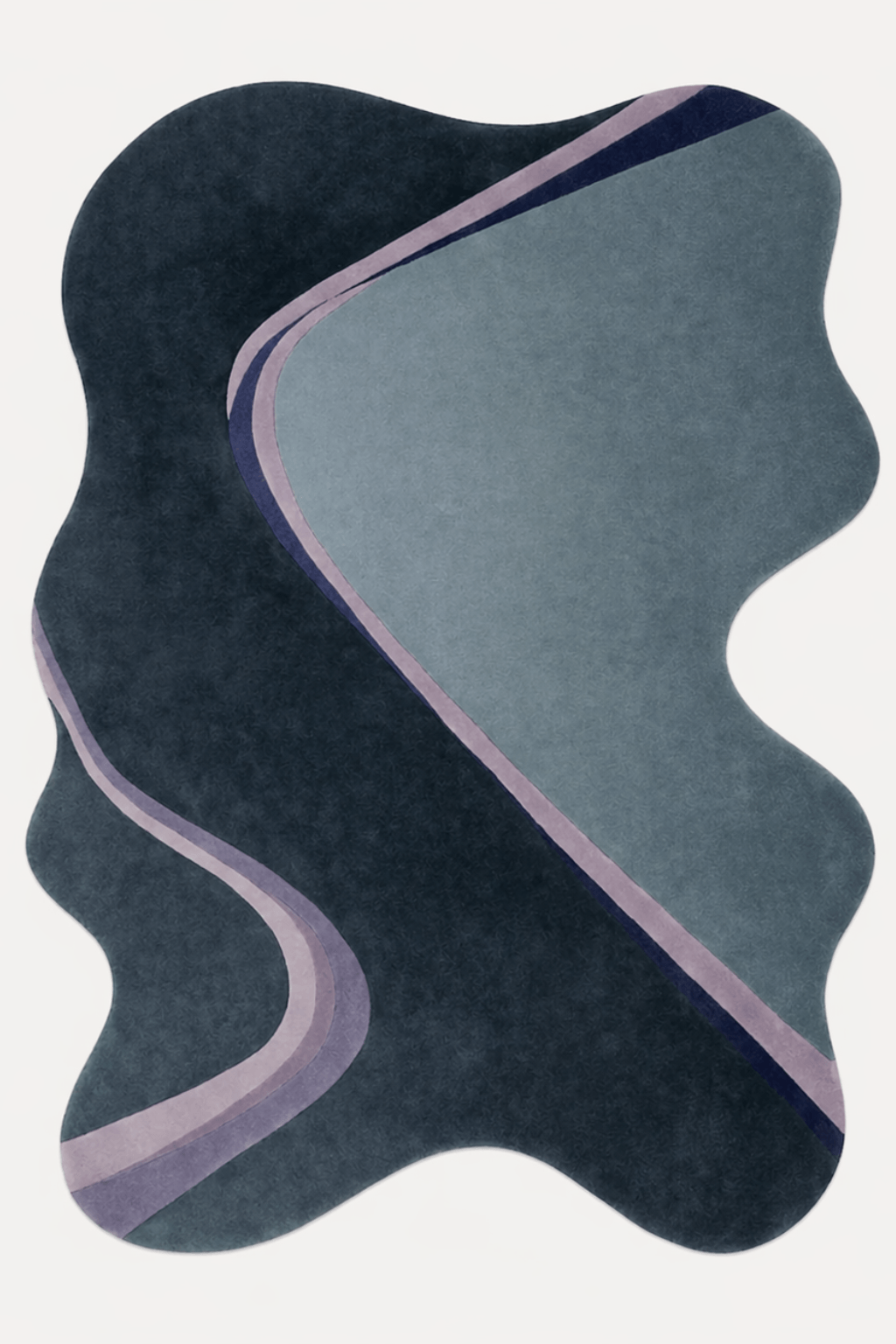Midnight flow sculpted rug featuring a freeform silhouette with deep charcoal and slate blue tones and lavender accents.