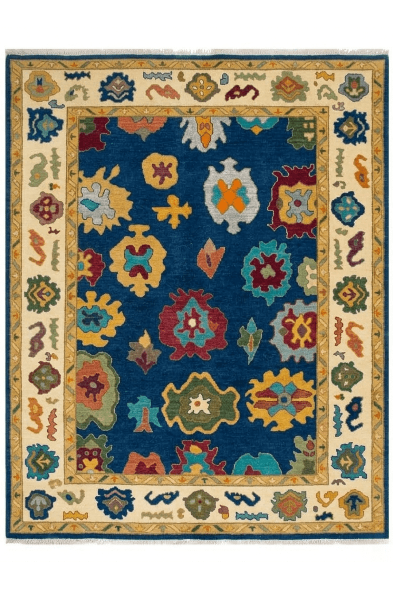 Heritage Bloom deep blue hand-knotted wool rug featuring artisan floral and geometric motifs.