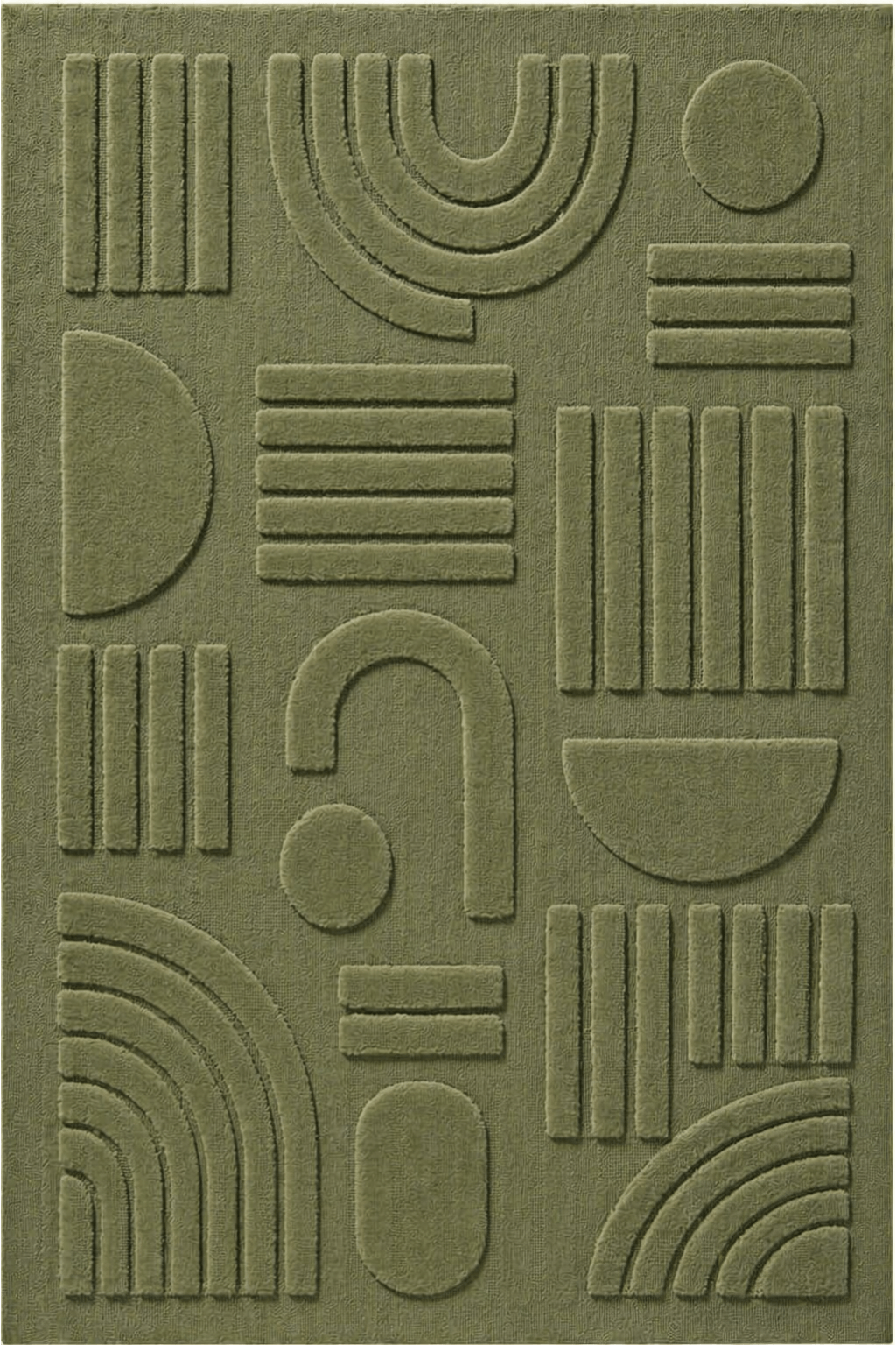 A close-up of the moss geo-sculpt rug showcasing its unique texture and geometric patterns in earthy tones.