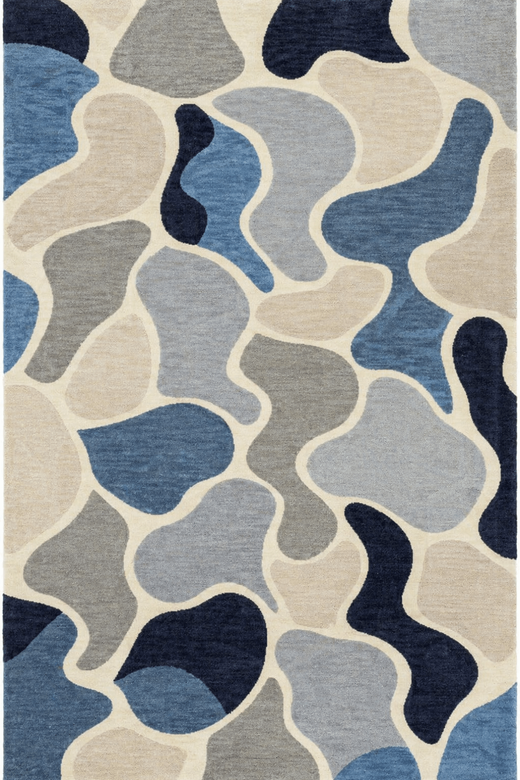 Azure Hive – Geometric Abstract Hand Tufted Rug featuring irregular shapes in calming navy, steel blue, soft grey, and ivory.