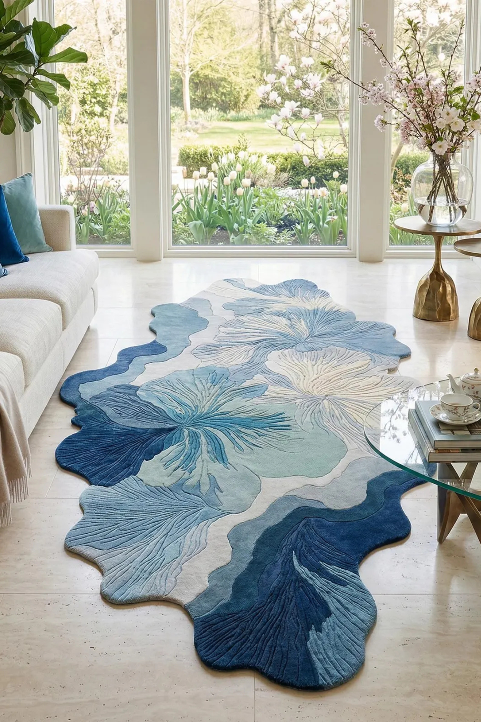 ivora lines hand-tufted rug in a serene living room with floral patterns and soft blue tones.
