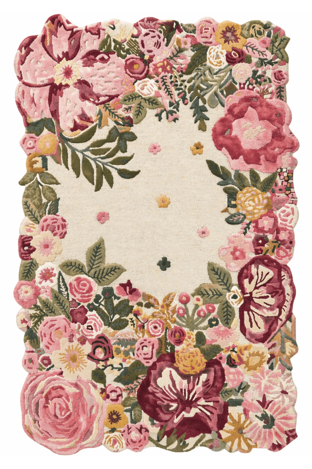 Hand-tufted floral wool rug with a scalloped border featuring colorful blooming florals and an ivory field.
