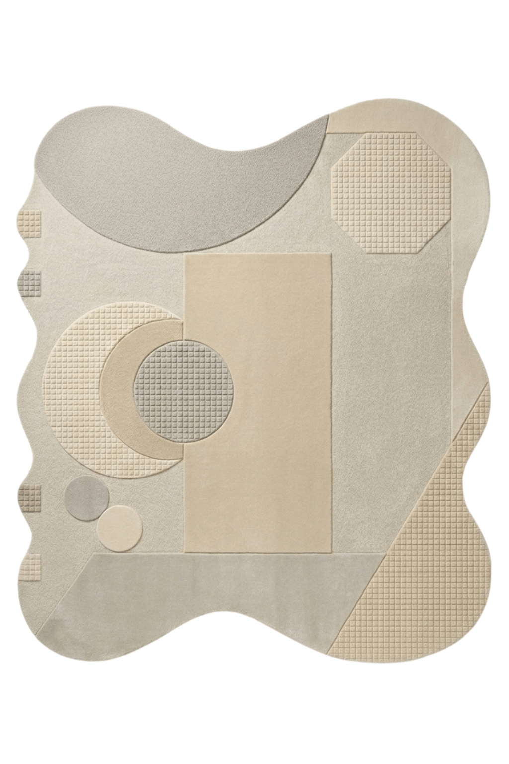 Luna abstract hand-tufted rug showcasing a unique puddle-style design with organic shapes in neutral tones.