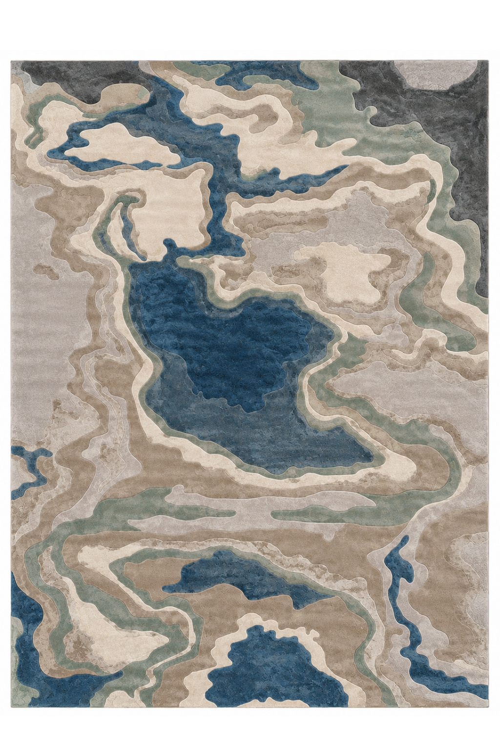Coastal Strata Rug featuring soothing blue and taupe hues, showcasing a high-low texture and abstract design.