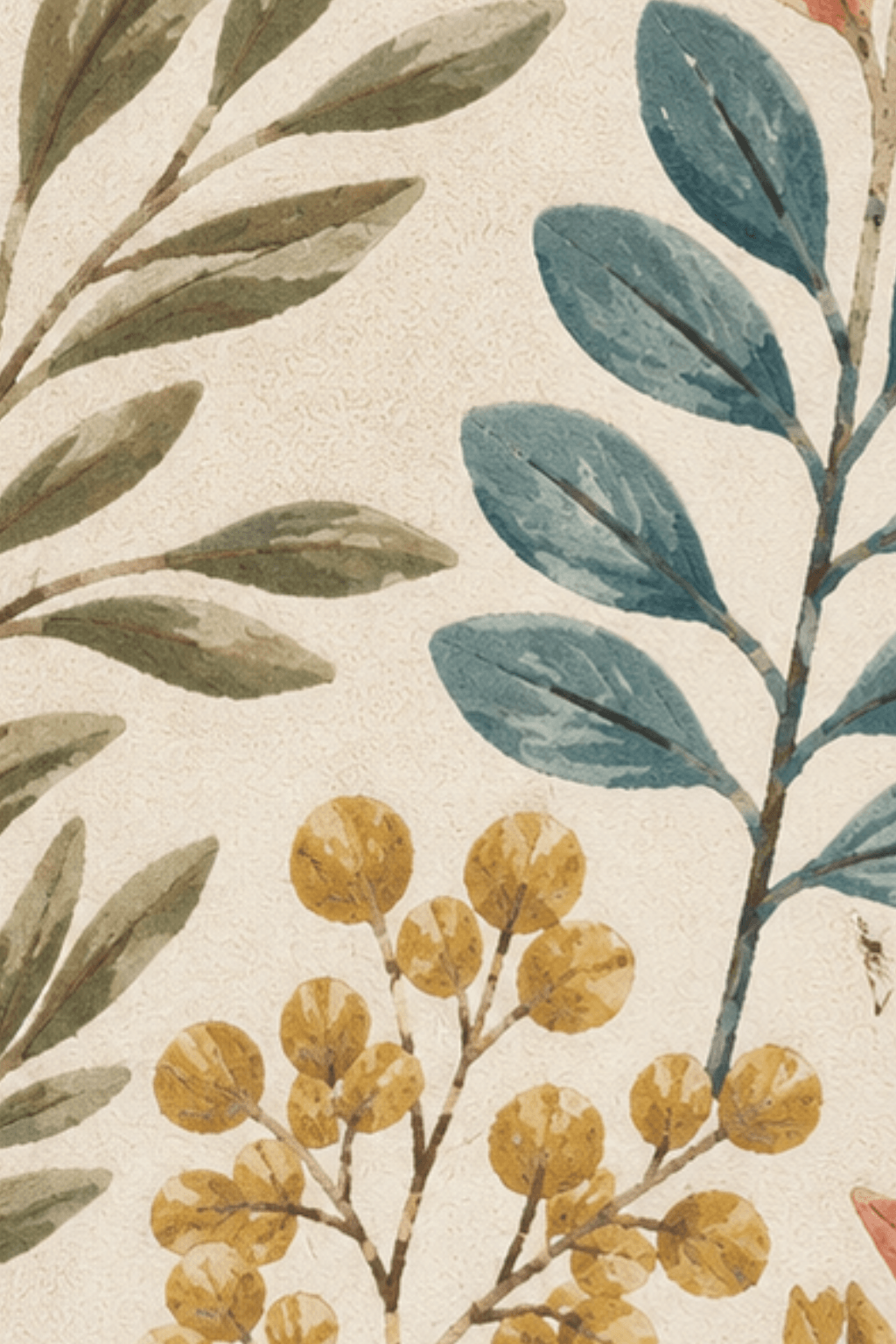 Botanical meadow rug design featuring oversized floral motifs and layered foliage in earthy tones.