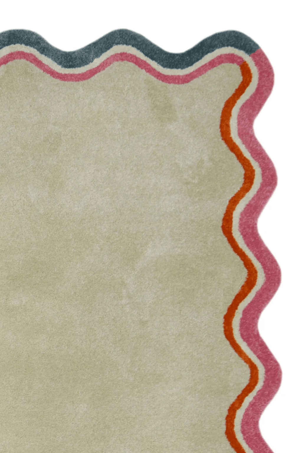 Scallop edge area rug featuring soft ivory base with multicolor scalloped edges in olive, rust, pink, and blue.