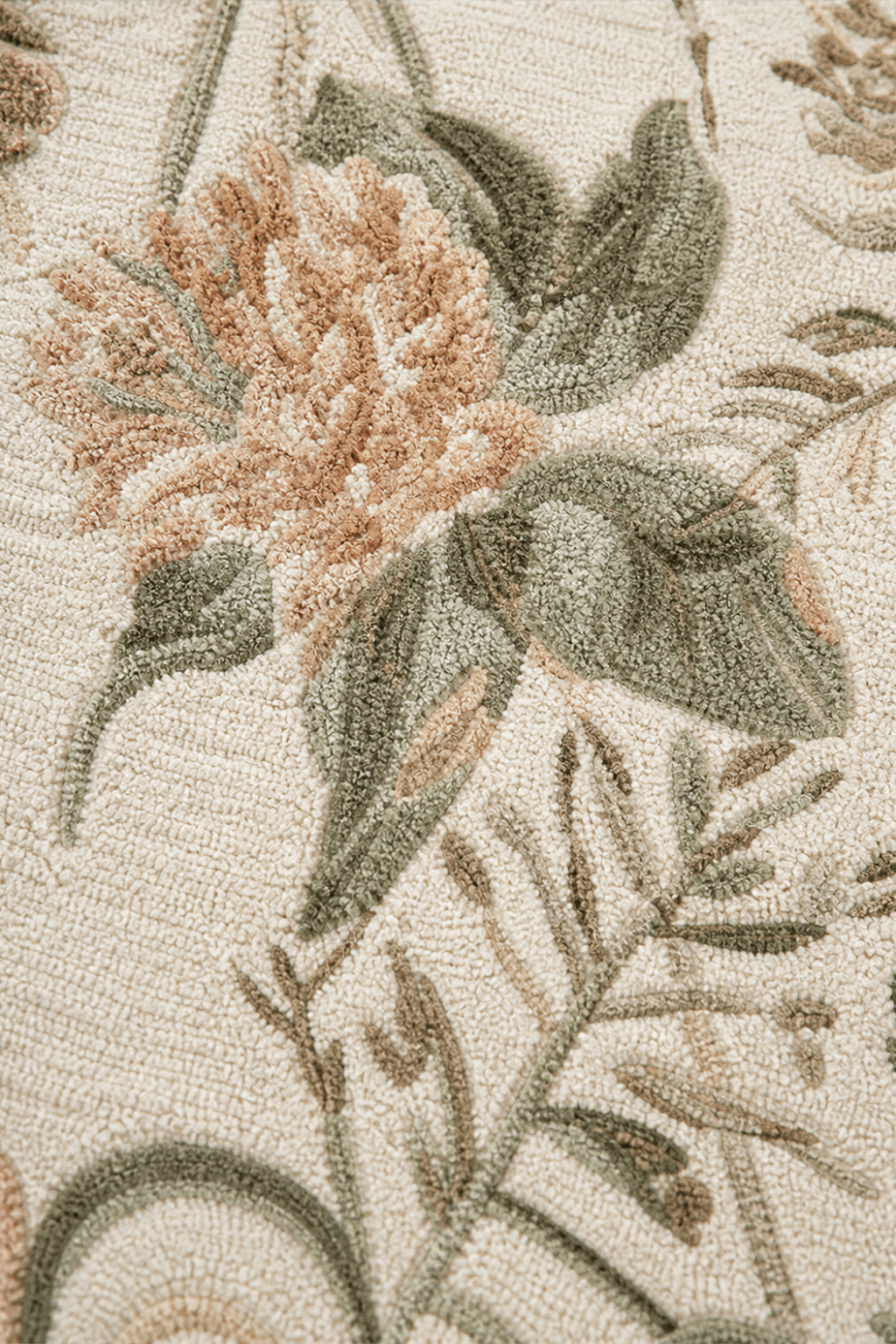Close-up of the Blossom Meadow Soft Neutral Luxe Rug showcasing muted floral motifs in sage and olive.