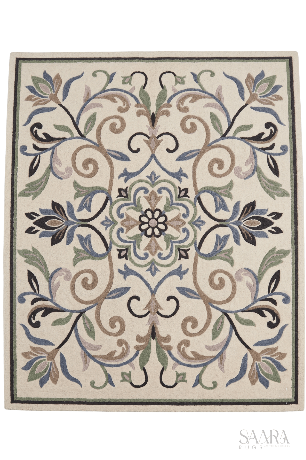 Elegant arabesque area rug with floral medallion and botanical motifs in soothing colors.