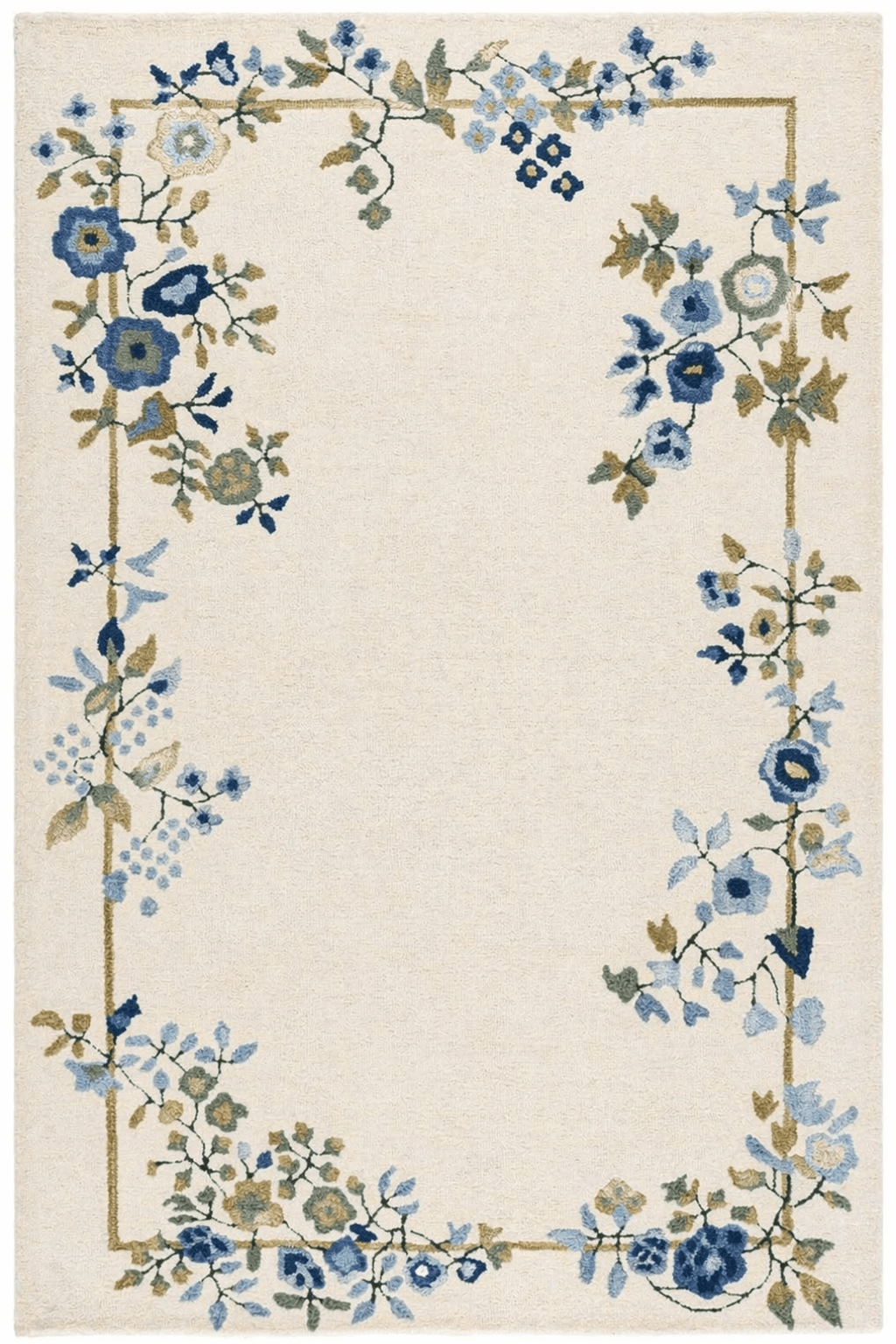 Floral border wool rug with a soft ivory base and hand-sculpted floral vines in blue, sage green, and muted gold.