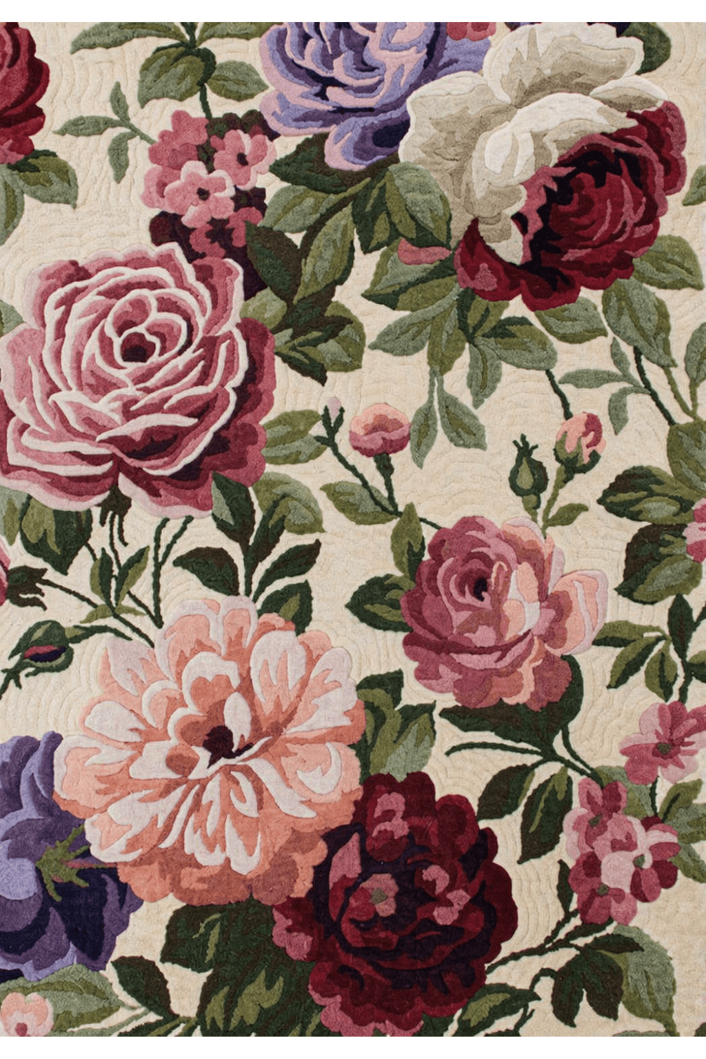 Vintage floral garden rug featuring richly layered floral motifs in soft blush, deep burgundy, and earthy greens.