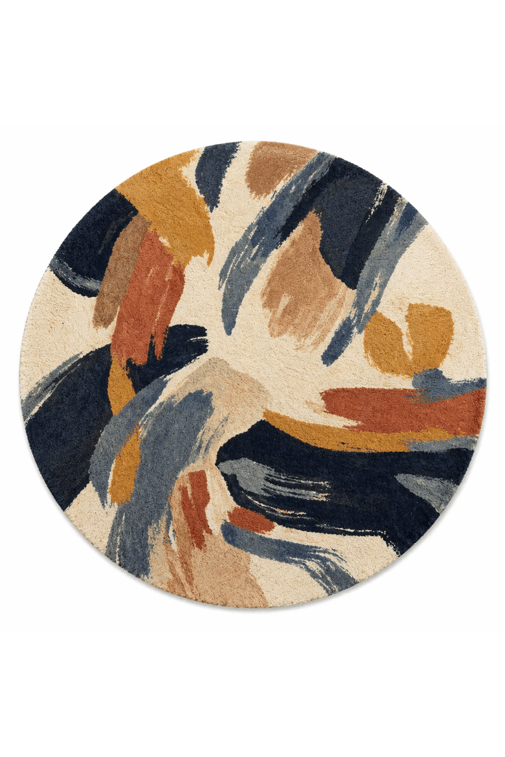 Artistic round area rug featuring abstract brushstroke design in deep indigo, warm rust, and neutral tones.