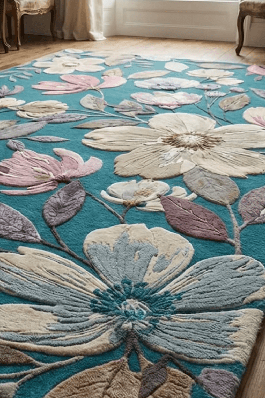 Emerald floral rug featuring vibrant floral designs in soft ivory, blush pink, lavender, and muted blue on emerald background.