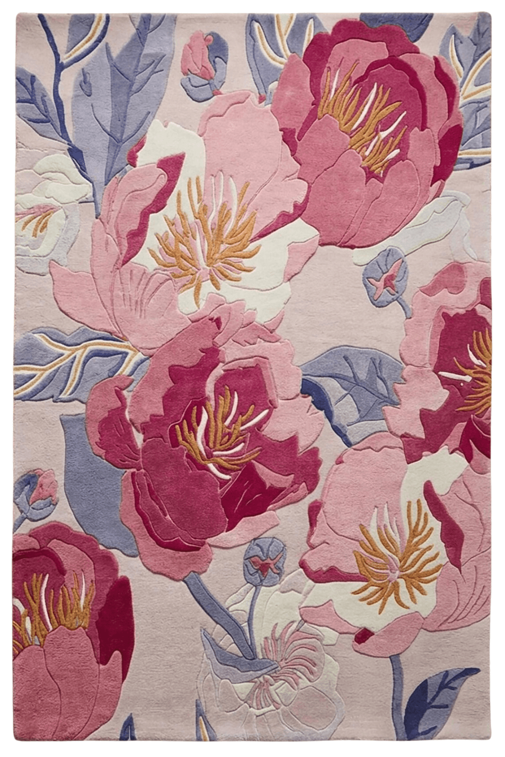 Roselle Bloom hand-tufted rug featuring oversized floral motifs in rose pink and blush tones.
