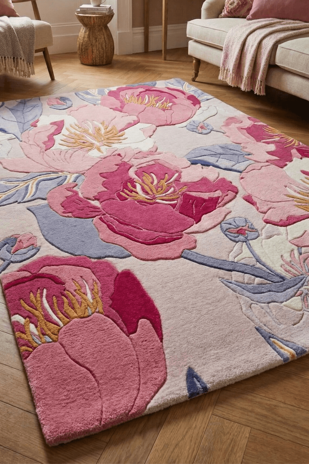 Roselle bloom hand-tufted rug featuring oversized floral motifs in rich rose pink and soft blue tones.