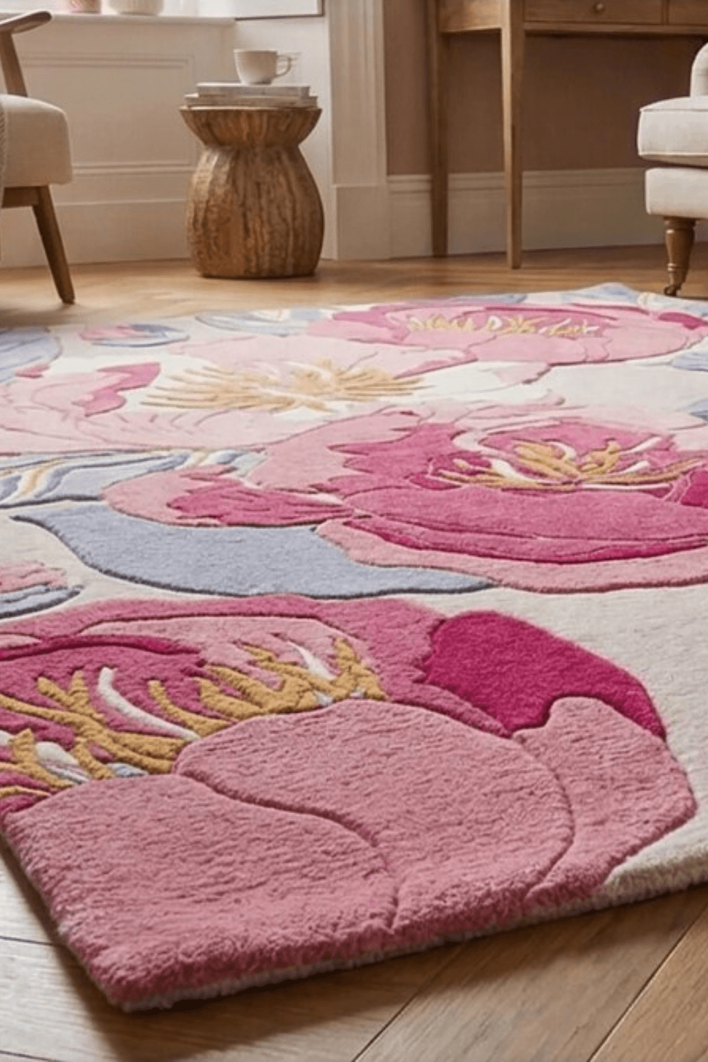 roselle bloom hand-tufted rug with oversized floral motifs in pink, blush, ivory, and blue tones, adding charm to interiors.