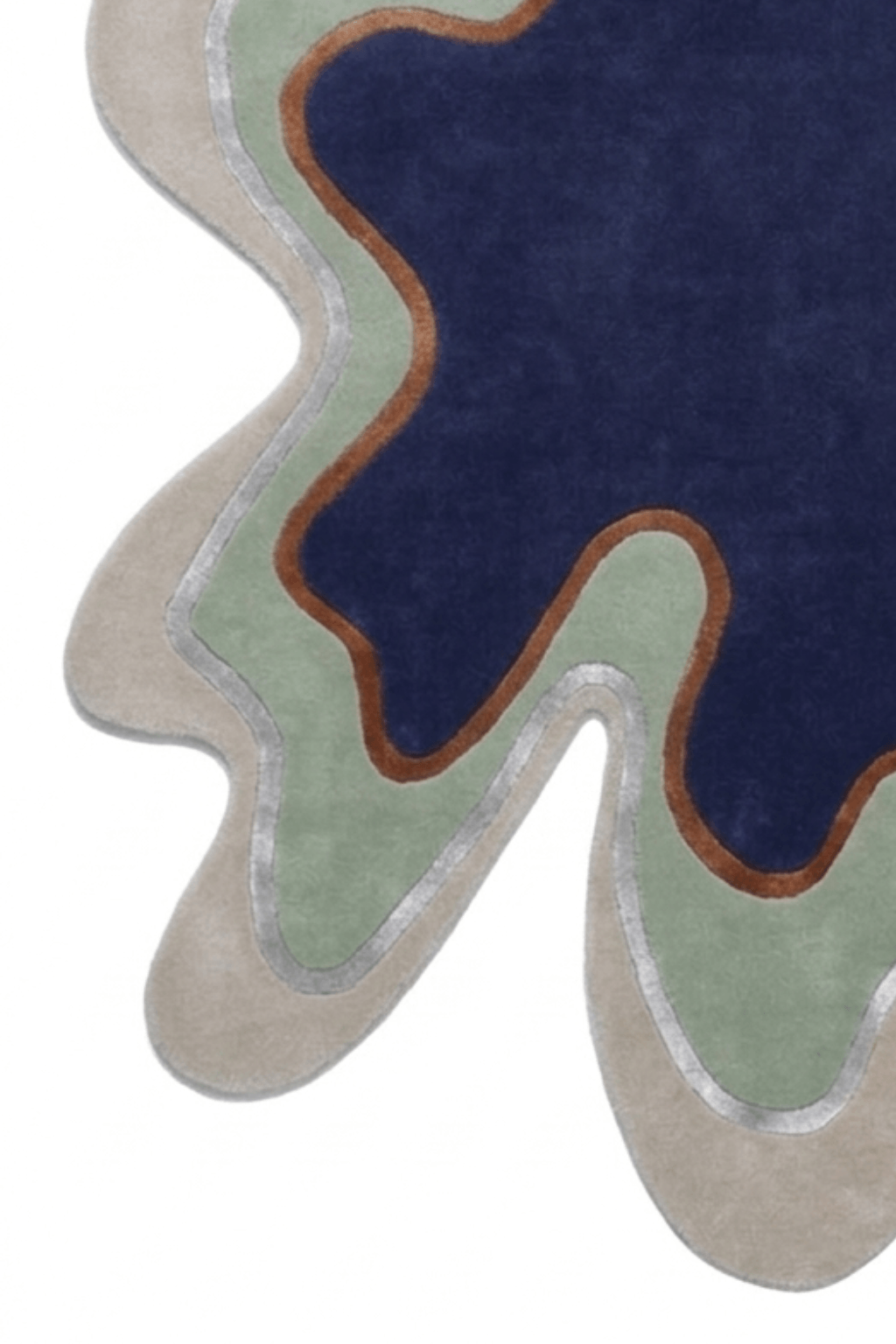 Azure Ambiance irregular hand-tufted rug with bold organic design in shades of blue, green, and beige.