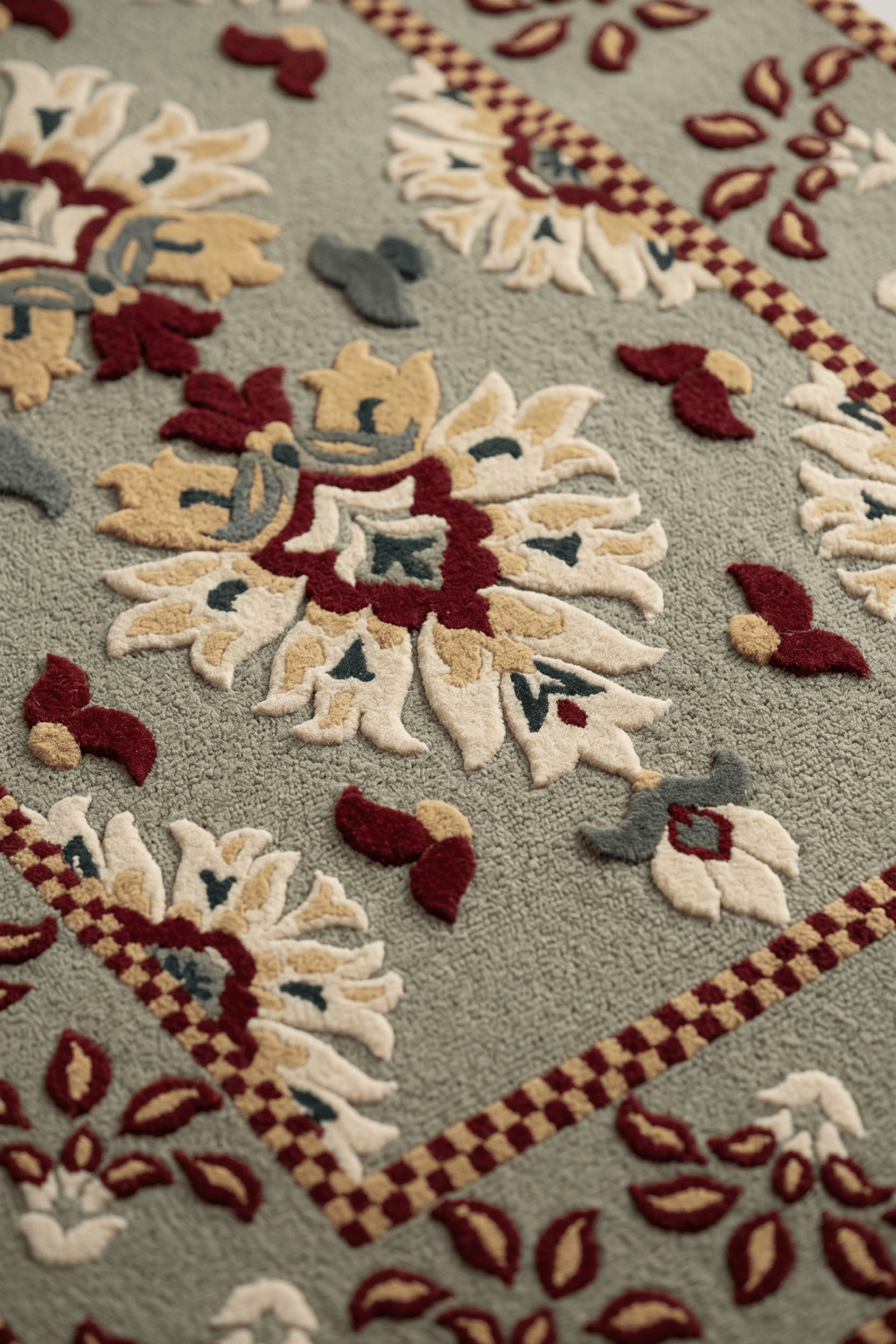 Grand Medallion Heritage Rug with intricate botanical motifs and a muted sage-blue background.