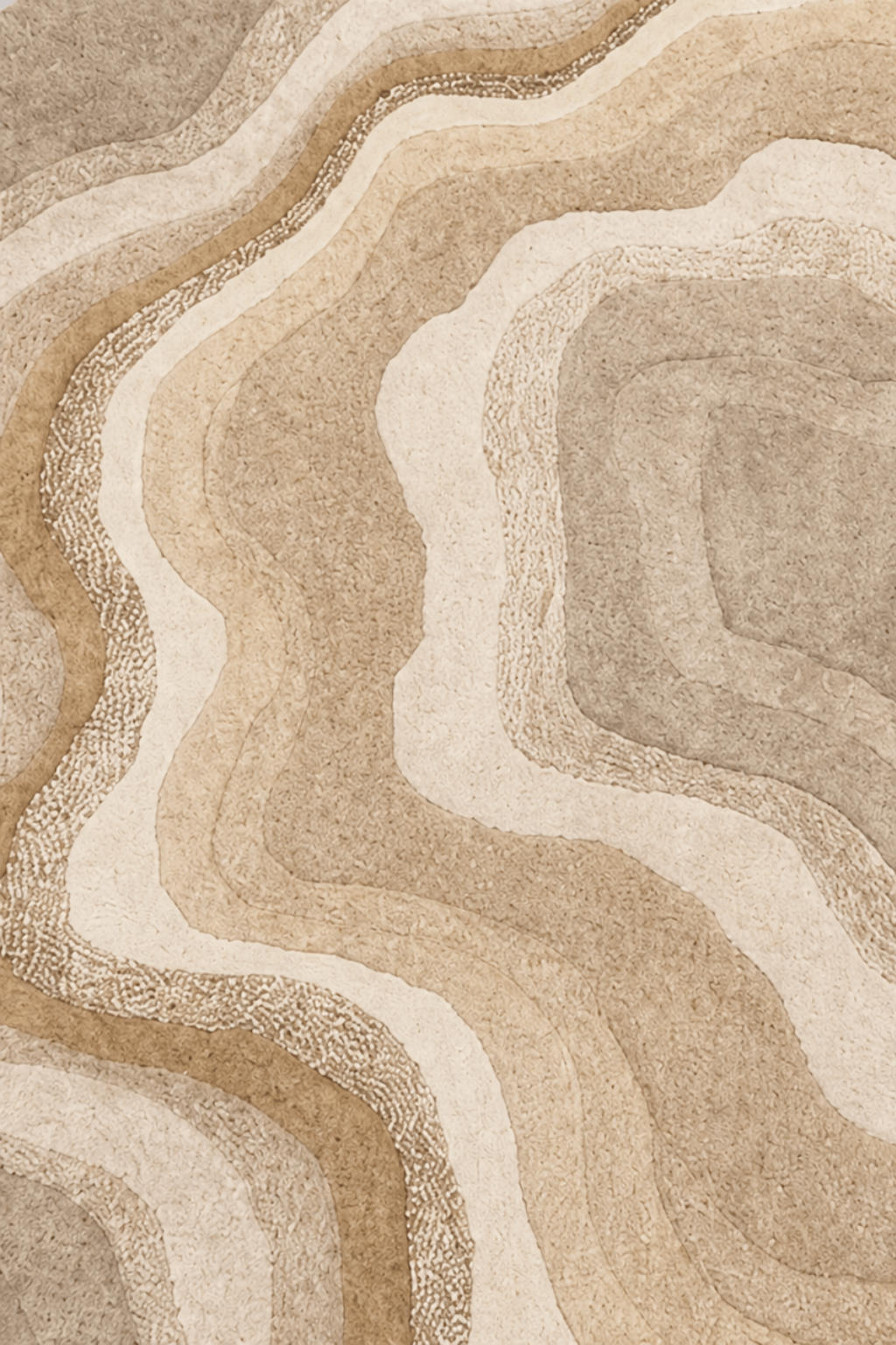 Desert sculpted rug with fluid, organic patterns in neutral tones, perfect for stylish home decor.