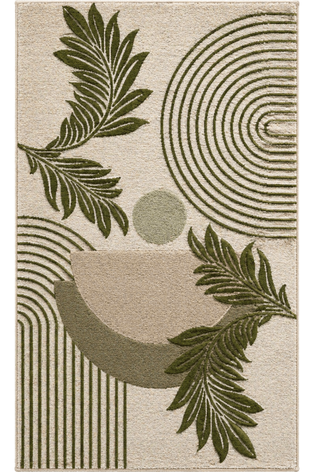 botanical floral area rug featuring palm motifs and geometric elements in green and beige tones.