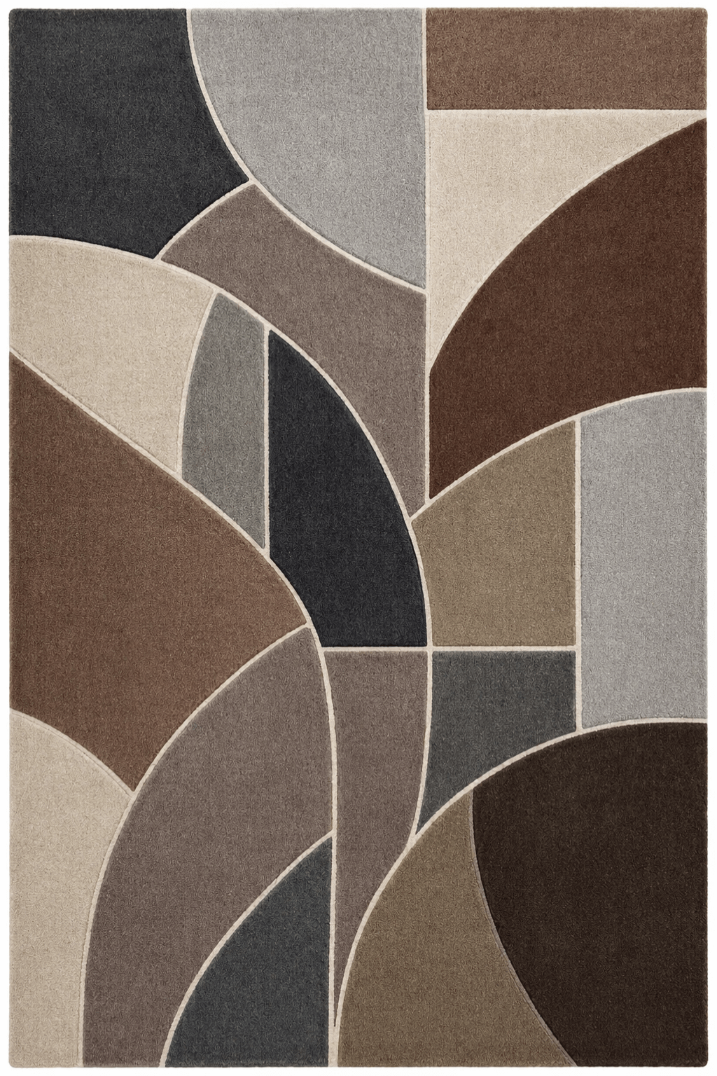 geometric hand tufted rug featuring bold curves and a warm earthy color palette of mocha, taupe, charcoal, and beige.
