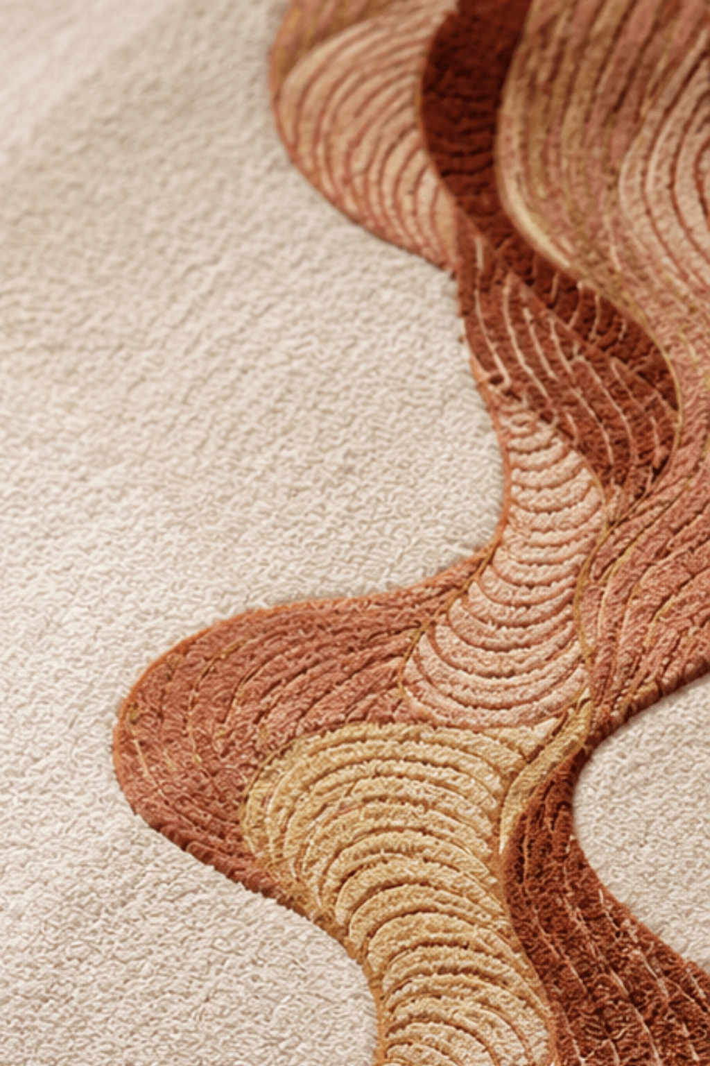 Close-up of the Sienna Flow Sculpted Rug showcasing flowing organic borders in warm terracotta and clay tones.