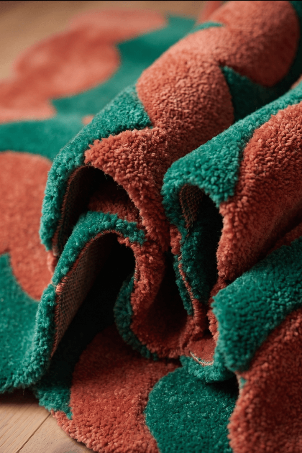 Aurora Wave tufted rug showcasing vibrant orange and green waves in a stylish, artistic design.