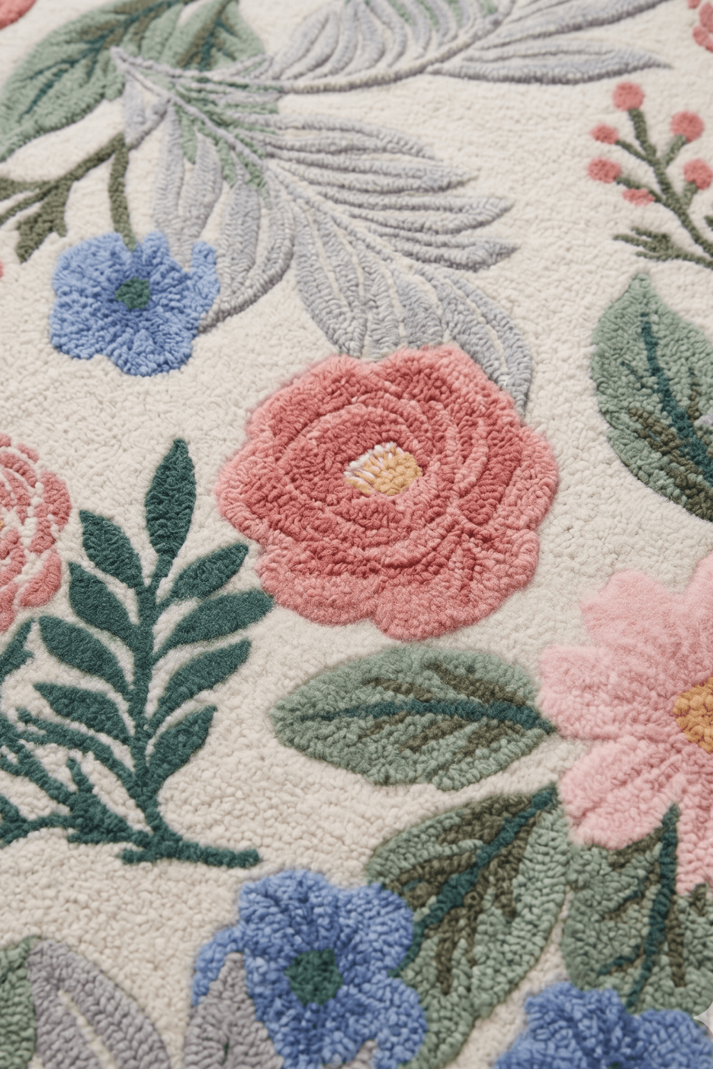 Blush meadow floral wool rug featuring blooming florals in pink, blue, and green on an ivory background.