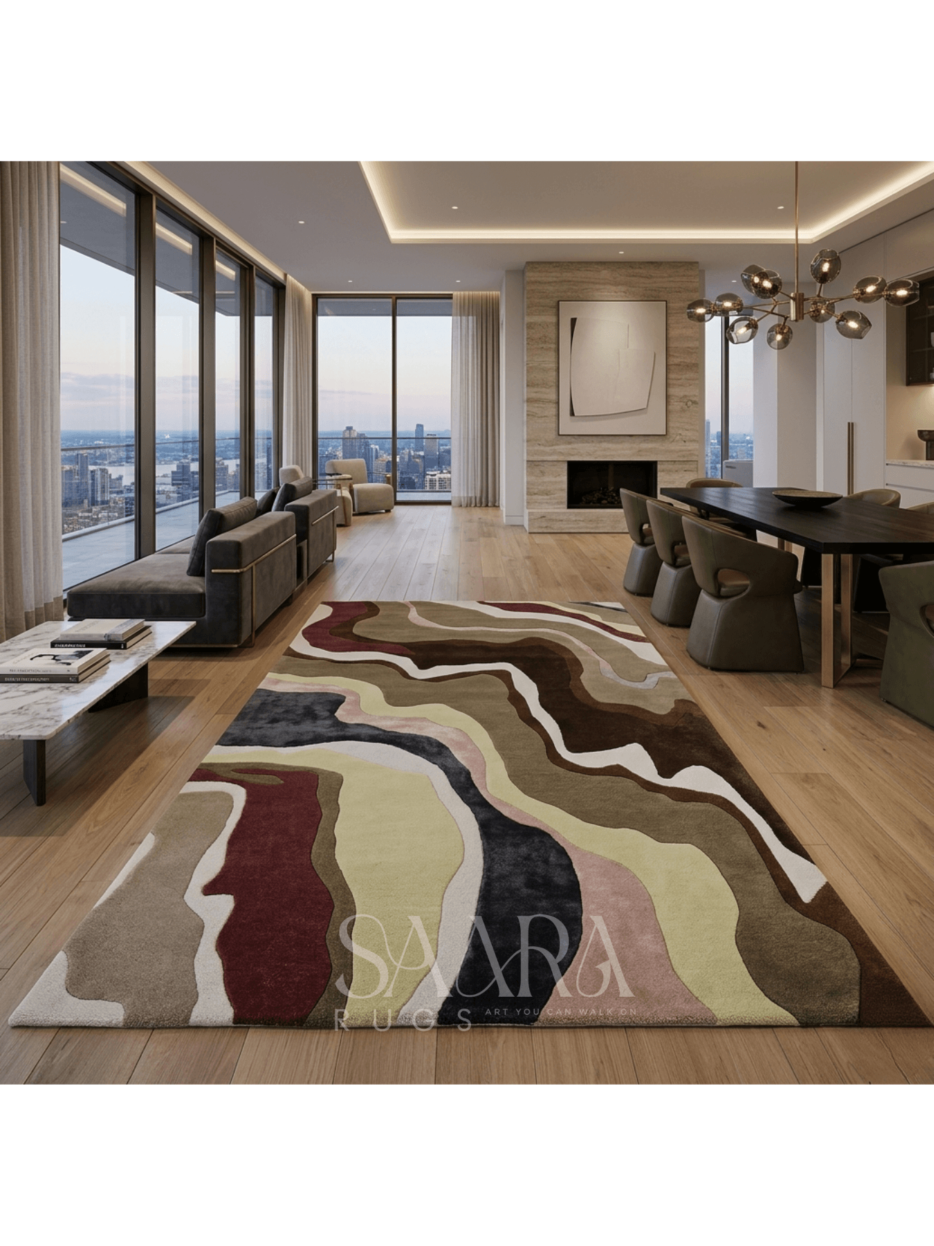 Stylish earth tone abstract rug displayed in a modern living room with large windows and contemporary furniture.