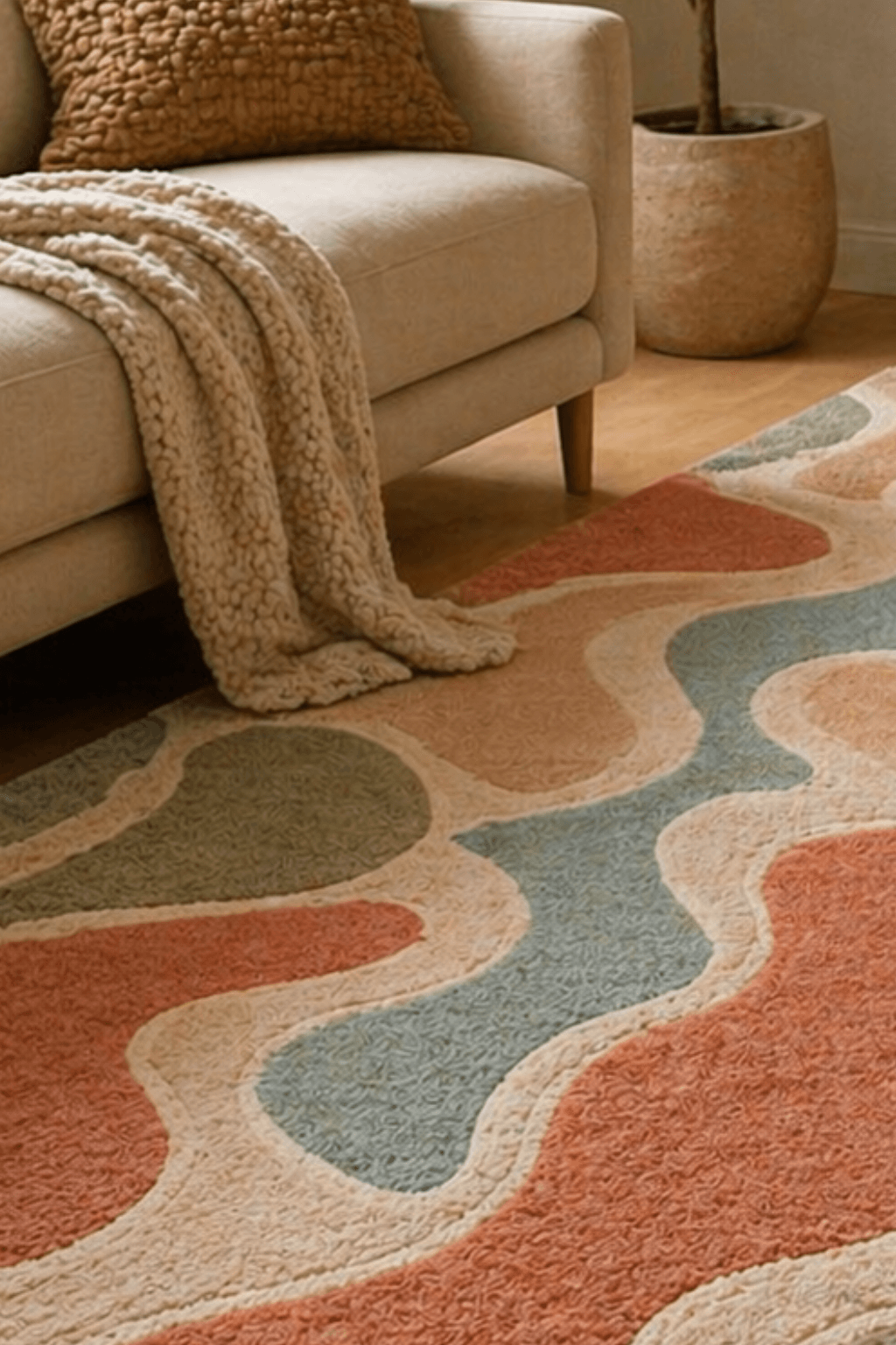 Elaris Flow organic hand tufted rug with abstract contours in earthy tones of terracotta, sage green, and beige.