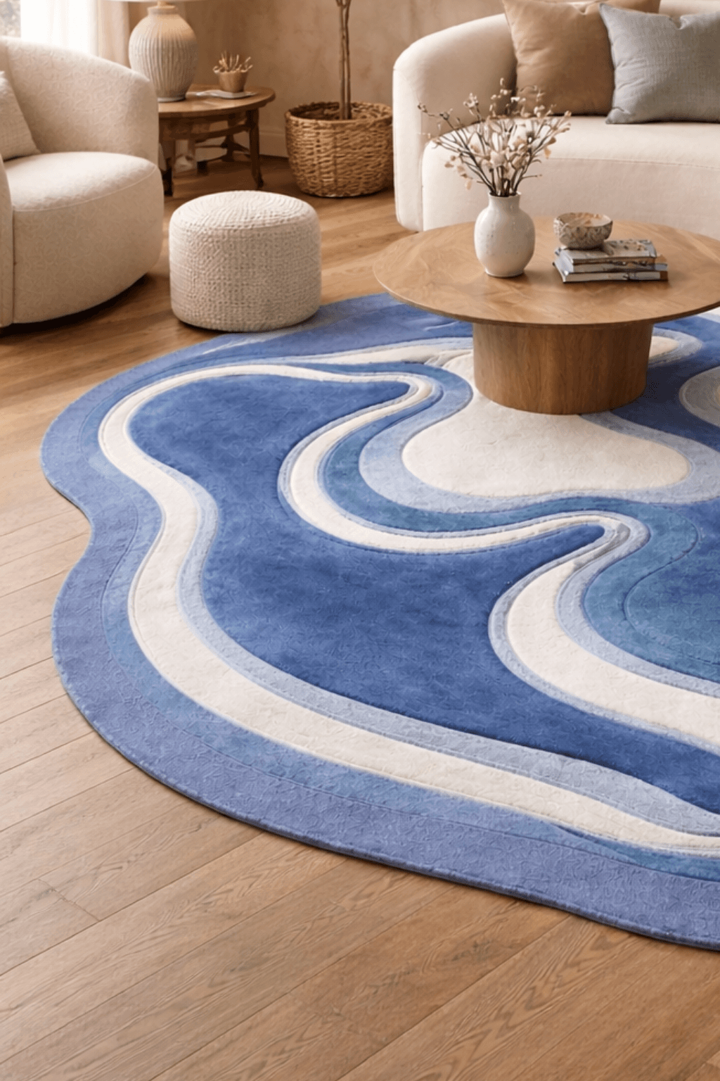 Azure contour rug with fluid blue and ivory waves, adding elegance to a cozy living space.