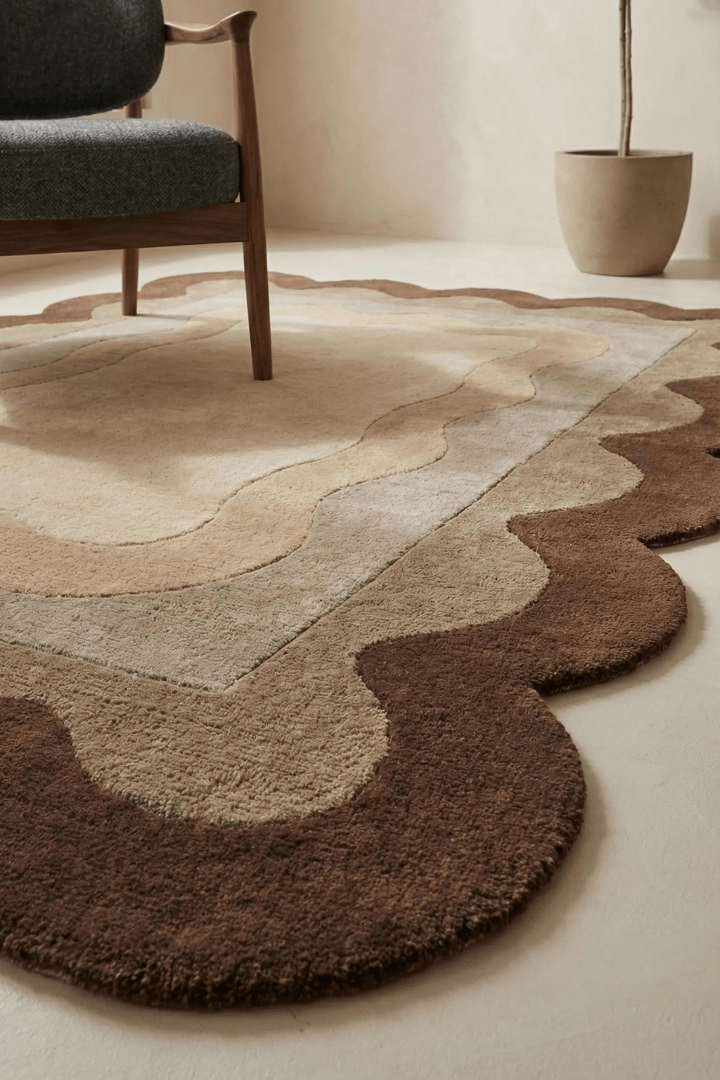 cocoa scallop area rug with soft curves and organic symmetry, enhancing modern living space decor.