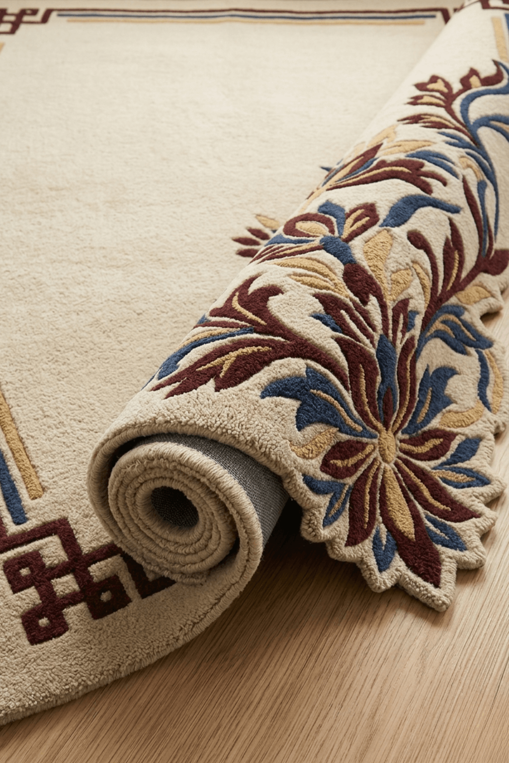 Royal Zahra majlis rug showcasing elegant floral motifs and soft ivory base, adding sophistication to any interior.