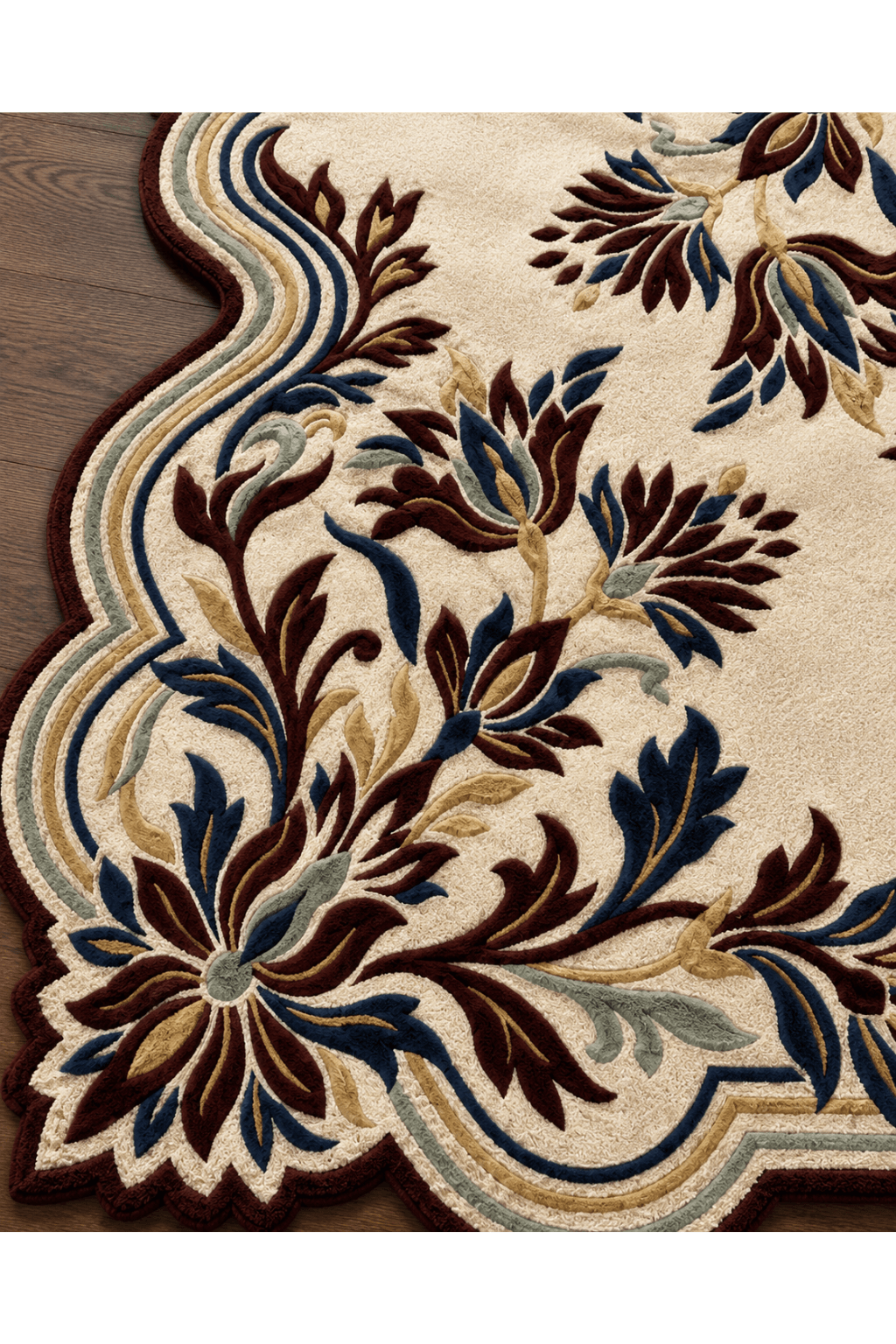 Close-up of luxurious floral area rug featuring rich burgundy florals, deep navy accents, and elegant ivory ground.