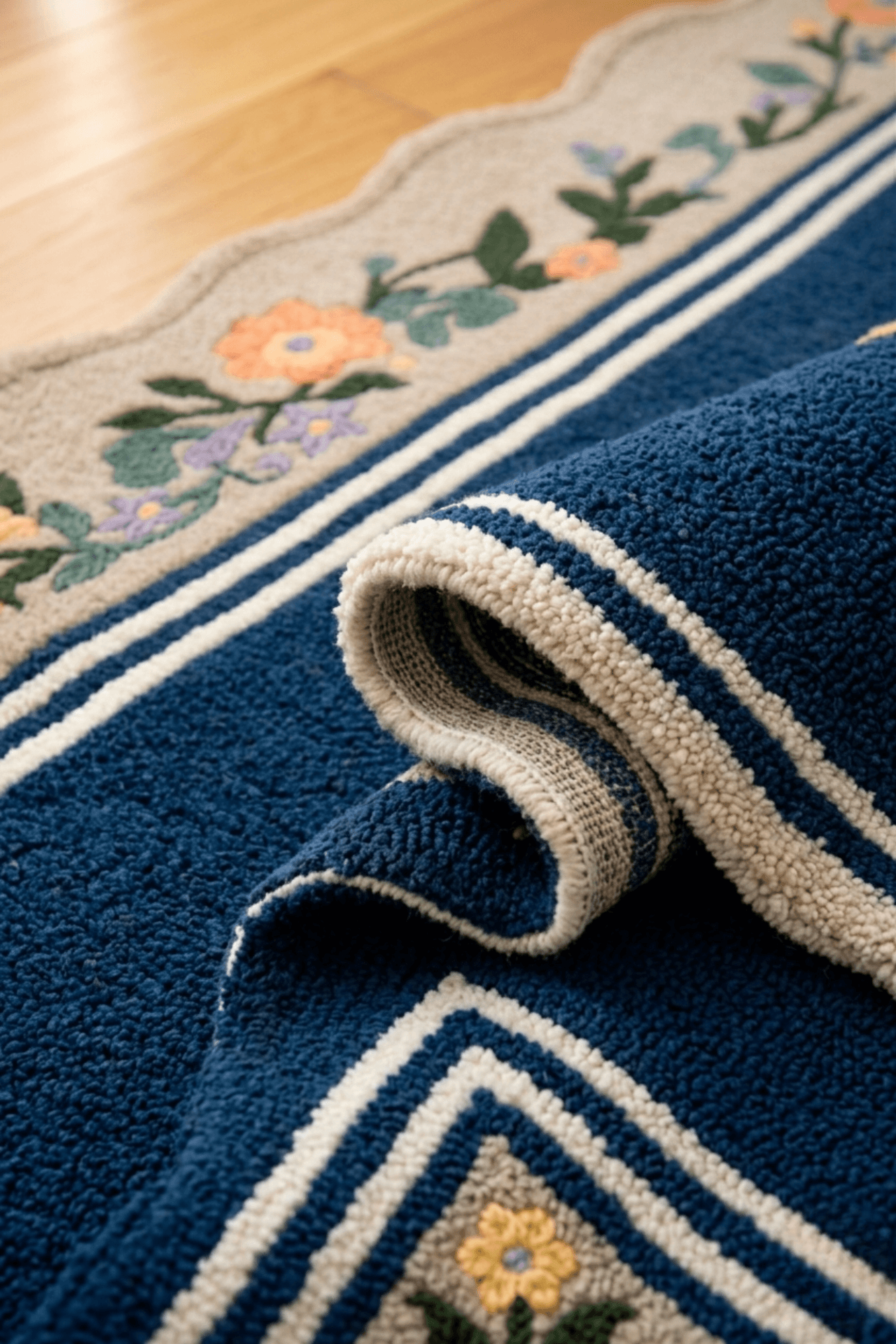 Midnight botanical wool rug showing scalloped edges and rich midnight blue color, enhancing living space elegance.