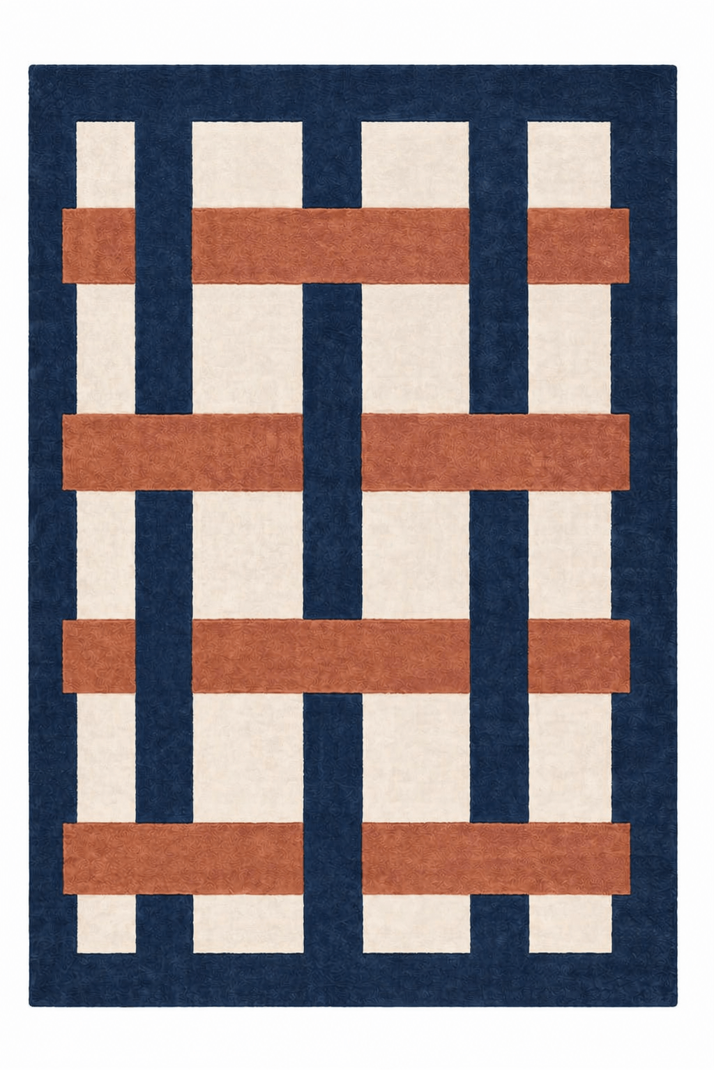 Ivory hand-tufted wool rug featuring a sculptural grid design with linear bands and rounded forms in rich colors.
