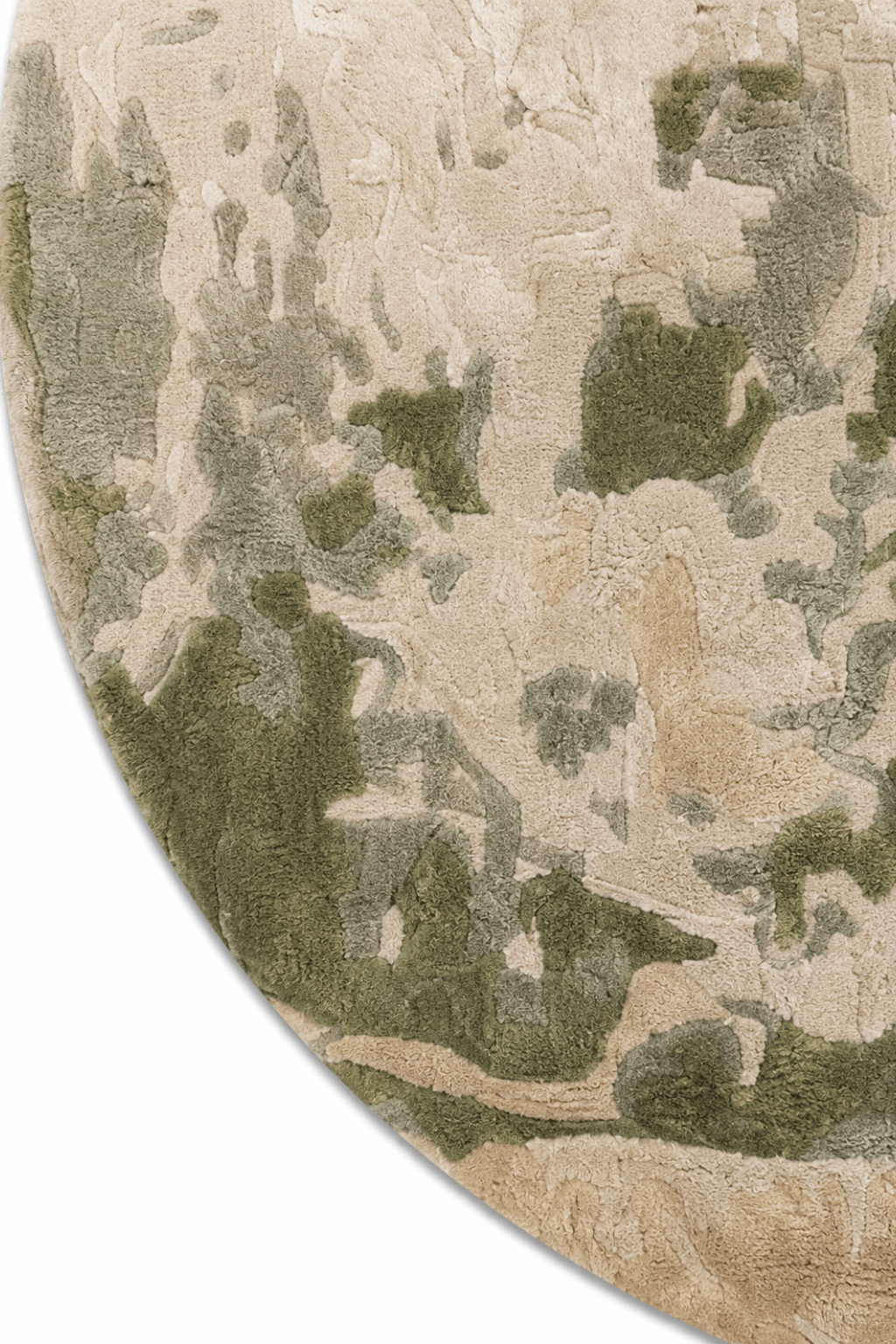 Close-up of the Nebula Sage abstract hand-tufted rug showcasing its unique earthy tones and abstract design.