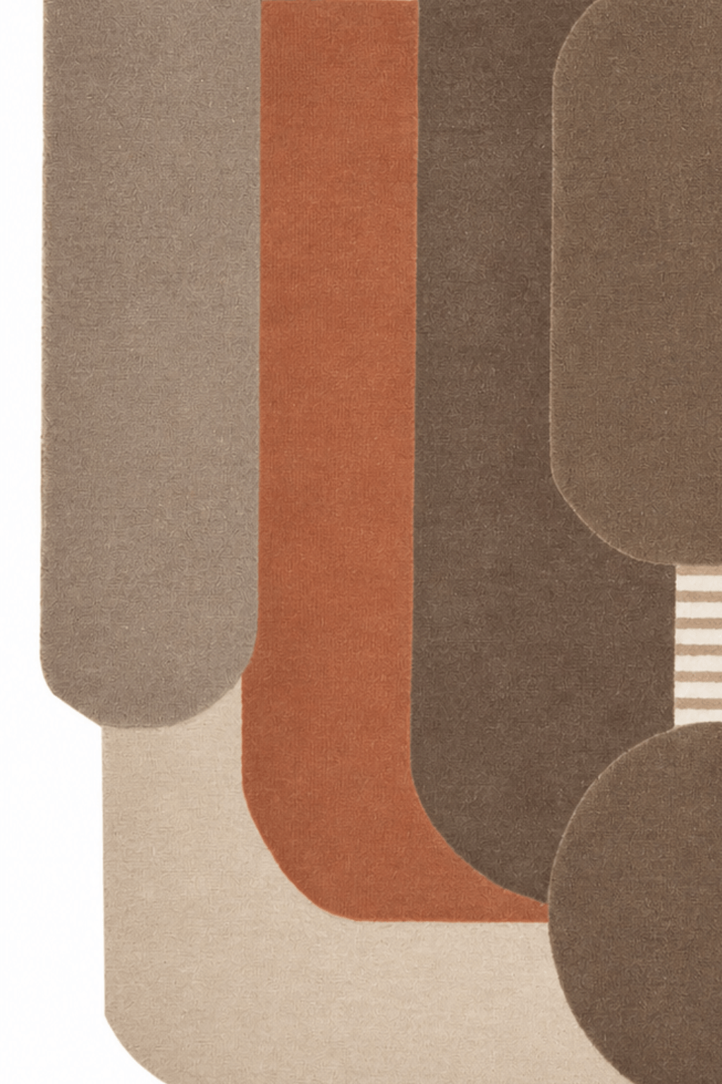 Terra Arch Sculpted Abstract Rug featuring layered arch-like shapes in taupe, mocha, terracotta, and ivory tones.
