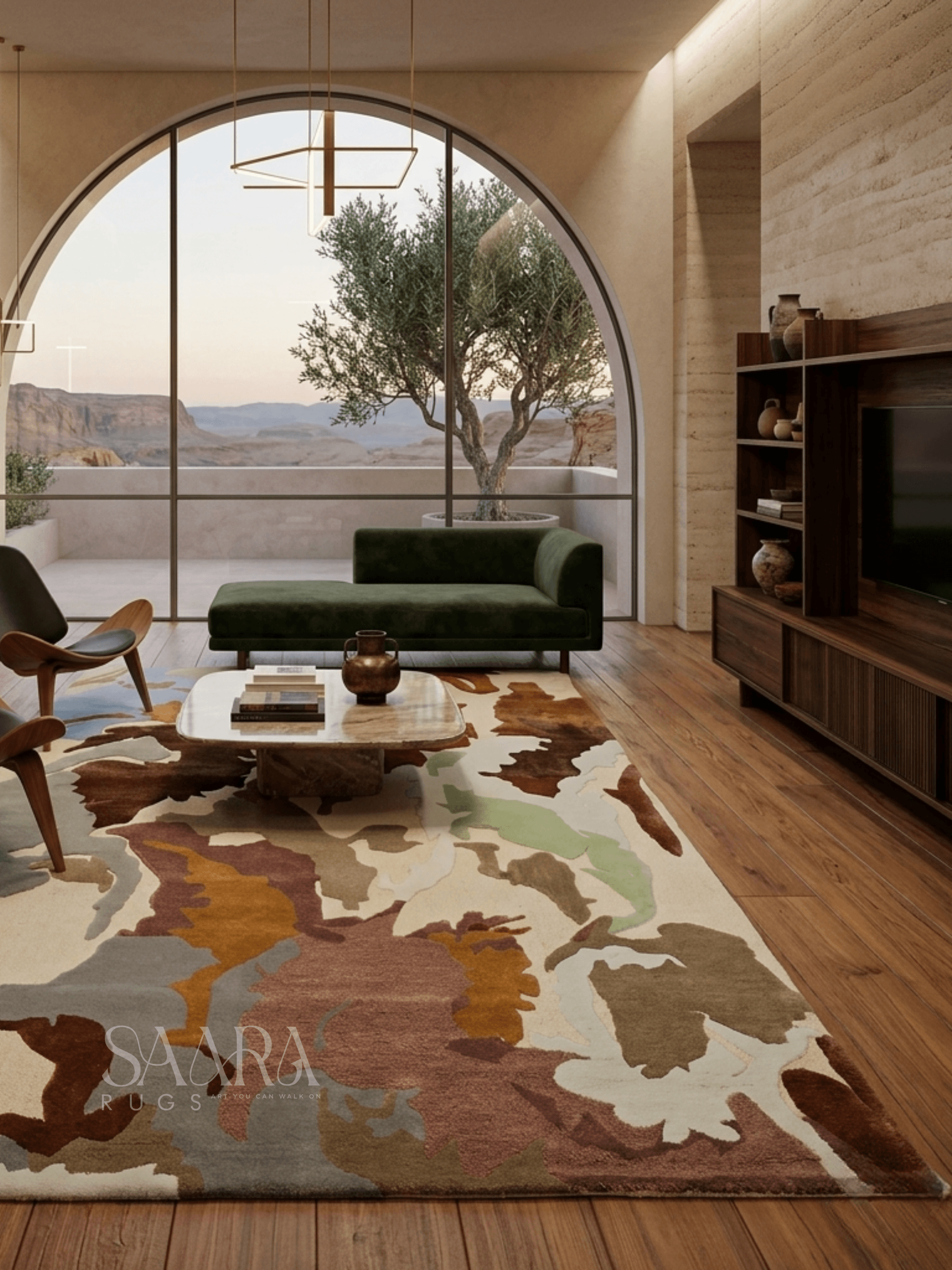 Desert abstract wool rug in a modern living room with earthy tones and natural light.