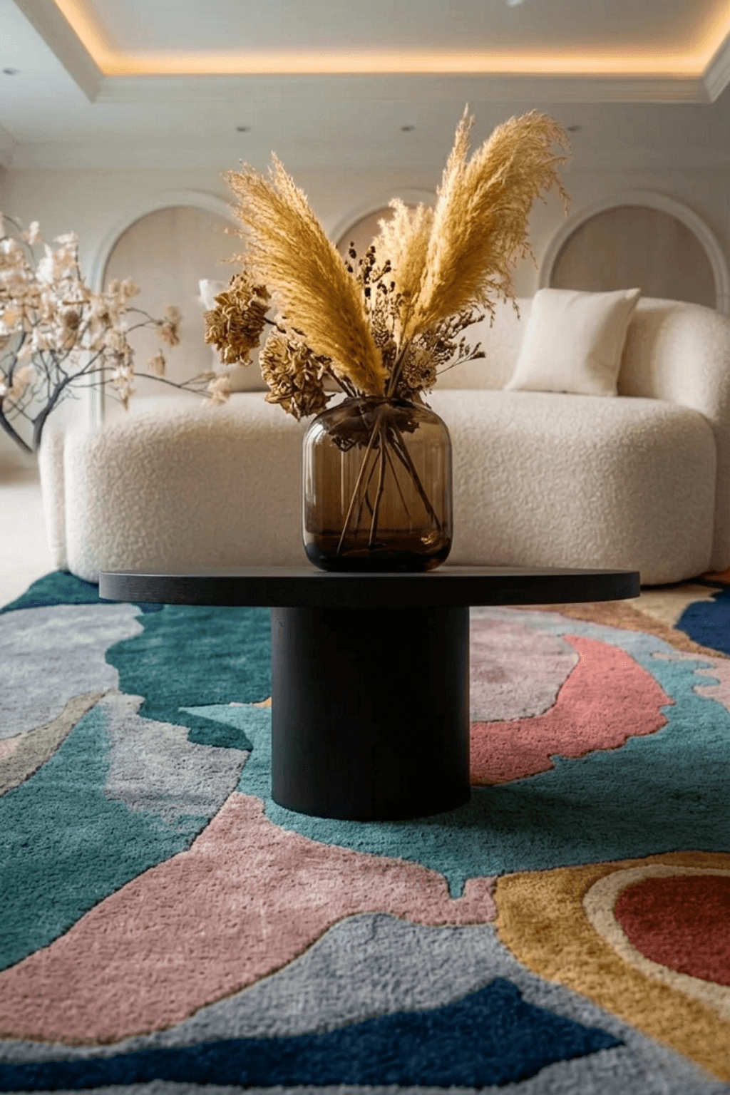 Terra Flow Abstract Hand-Tufted Rug with a modern coffee table and vase of dried flowers in a stylish living room.