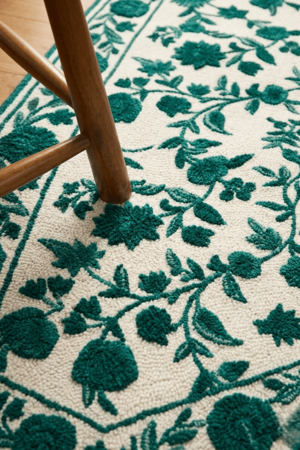 Emerald vine hand-tufted rug featuring deep emerald green botanical motifs on an ivory background.