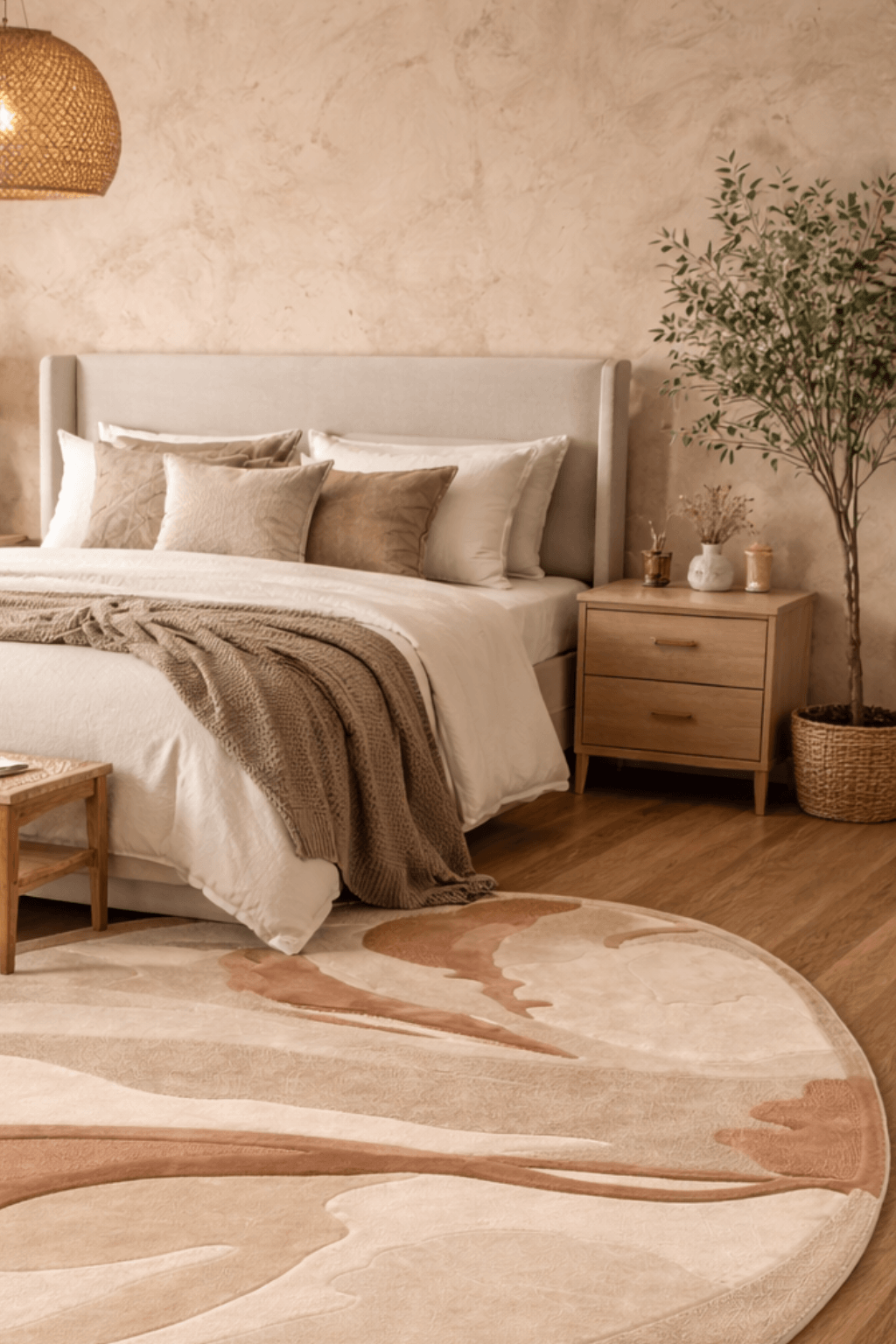 Stylish bedroom featuring a desert abstract rug with soft, flowing patterns in warm hues.