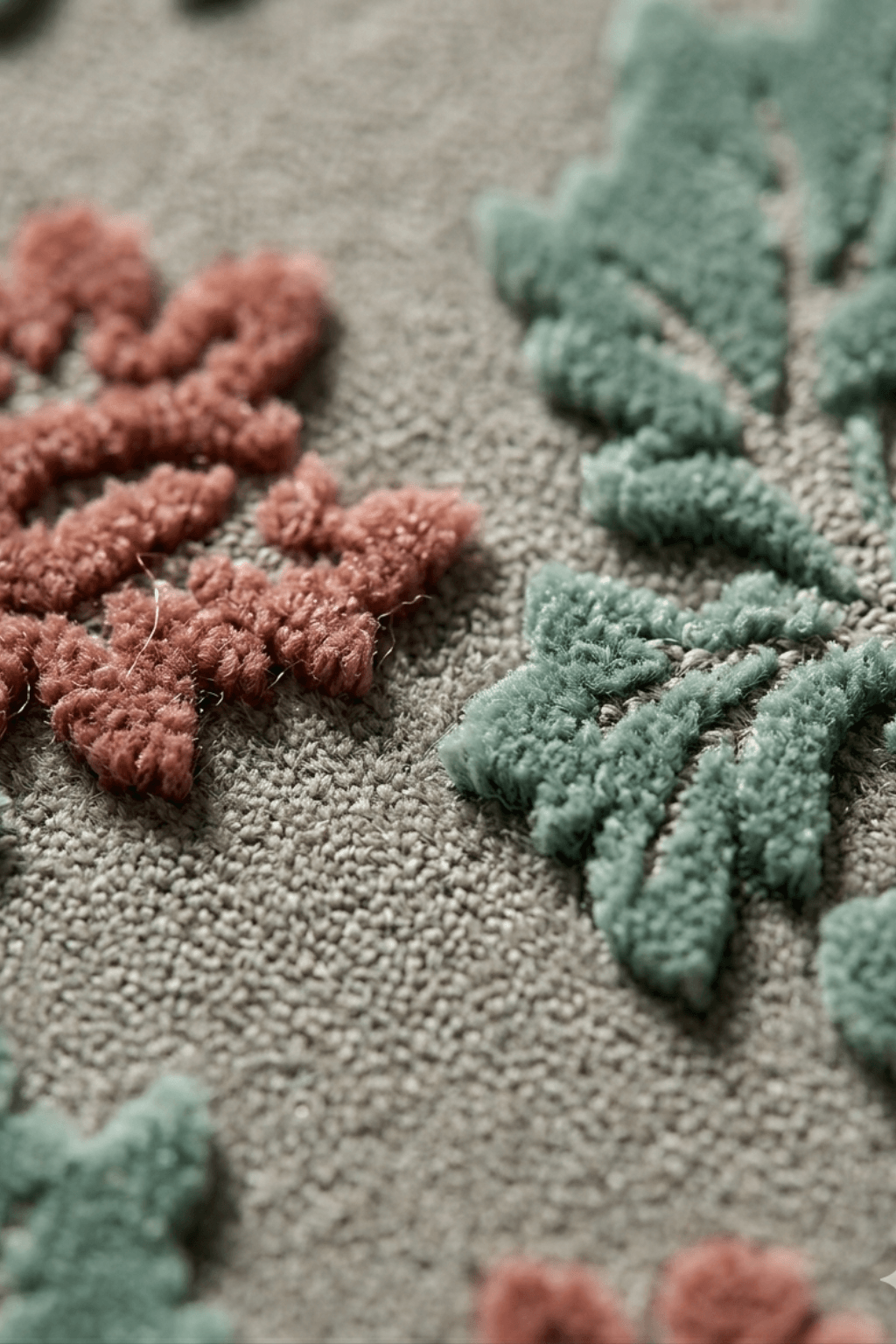 Detail of rosewood and sage floral rug showcasing intricate floral patterns in muted colors.