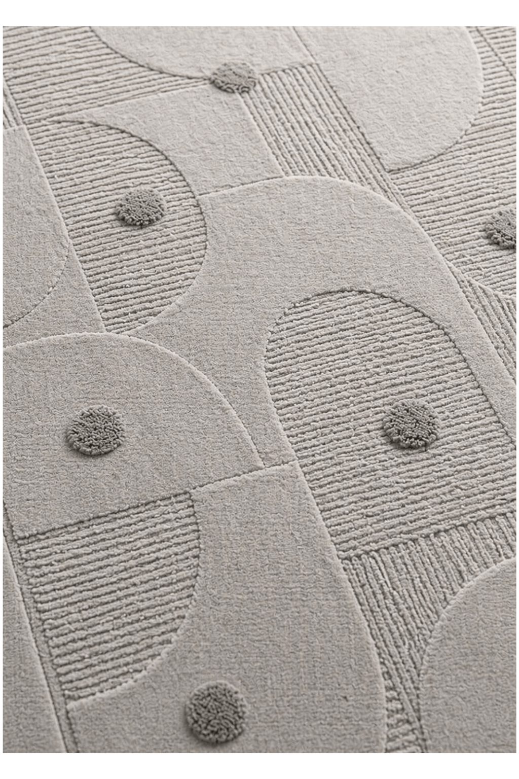 Close-up of the Arc Grid Sculpted Rug, showcasing its geometric patterned rug design with subtle textures and soft colors.